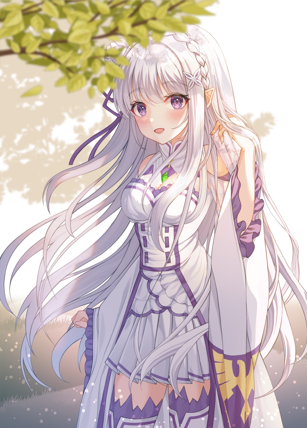 cleavage, dress, elf, emilia_(re_zero), nri, pointy_ears, re:zero_kara_hajimeru_isekai_seikatsu, thighhighs