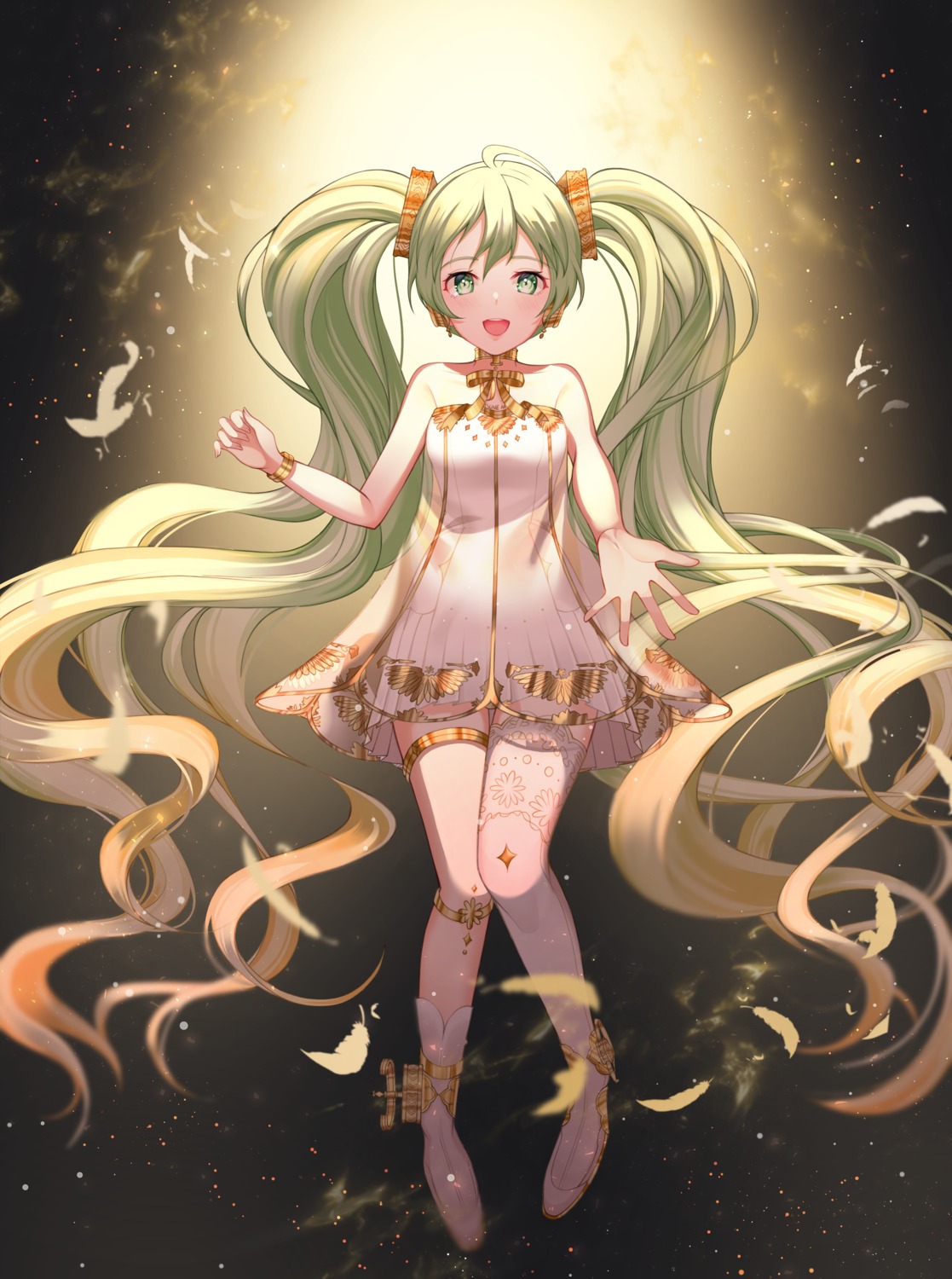 dress, garter, gramophone_miku, hatsune_miku, hatsune_miku_symphony, nri, see_through, thighhighs