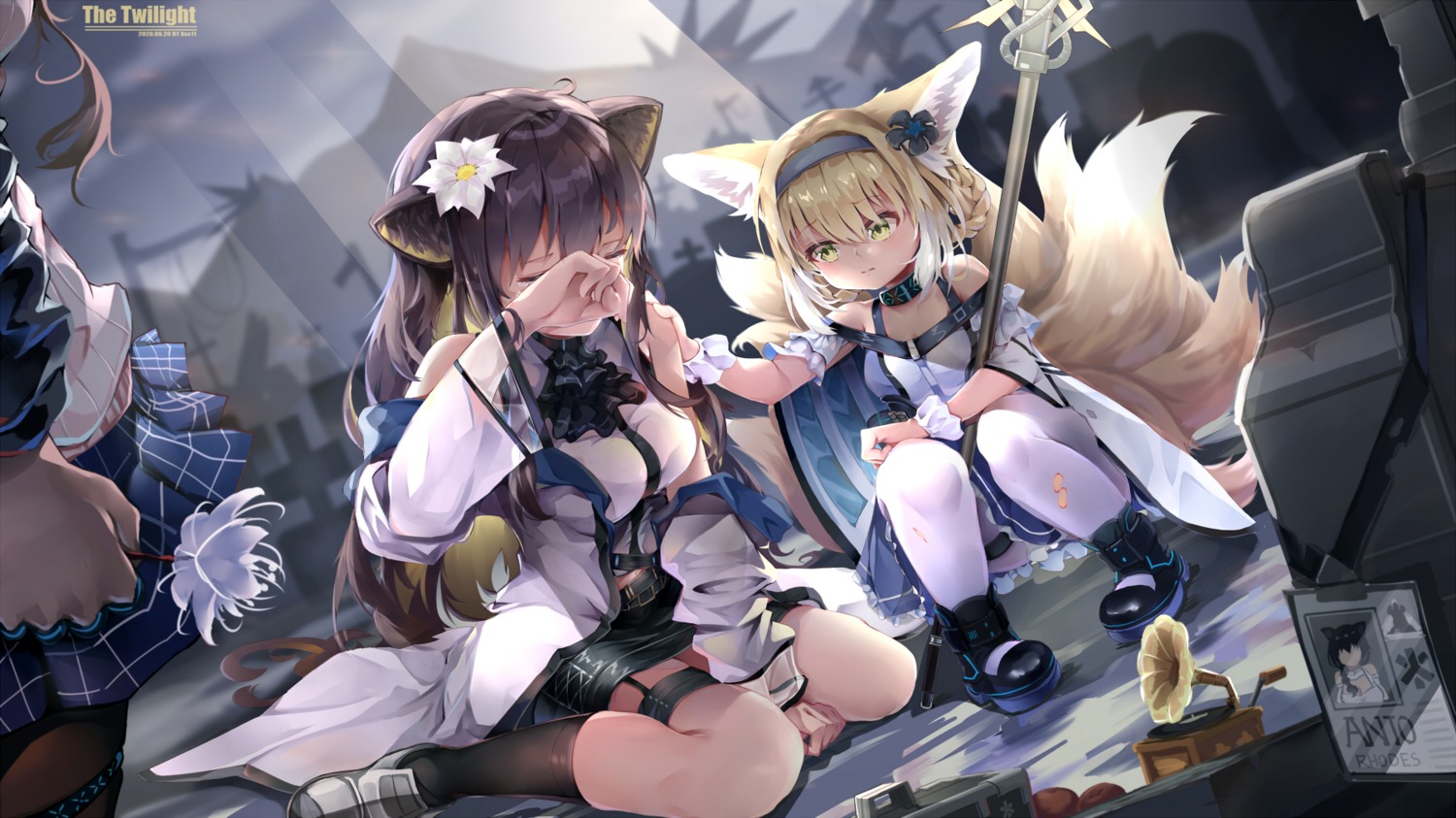 amiya_(arknights), animal_ears, arknights, folinic_(arknights), garter, kitsune, leyuan_zhuifang, pantyhose, revolutionary_girl_utena, skirt_lift, suzuran_(arknights), tail, weapon