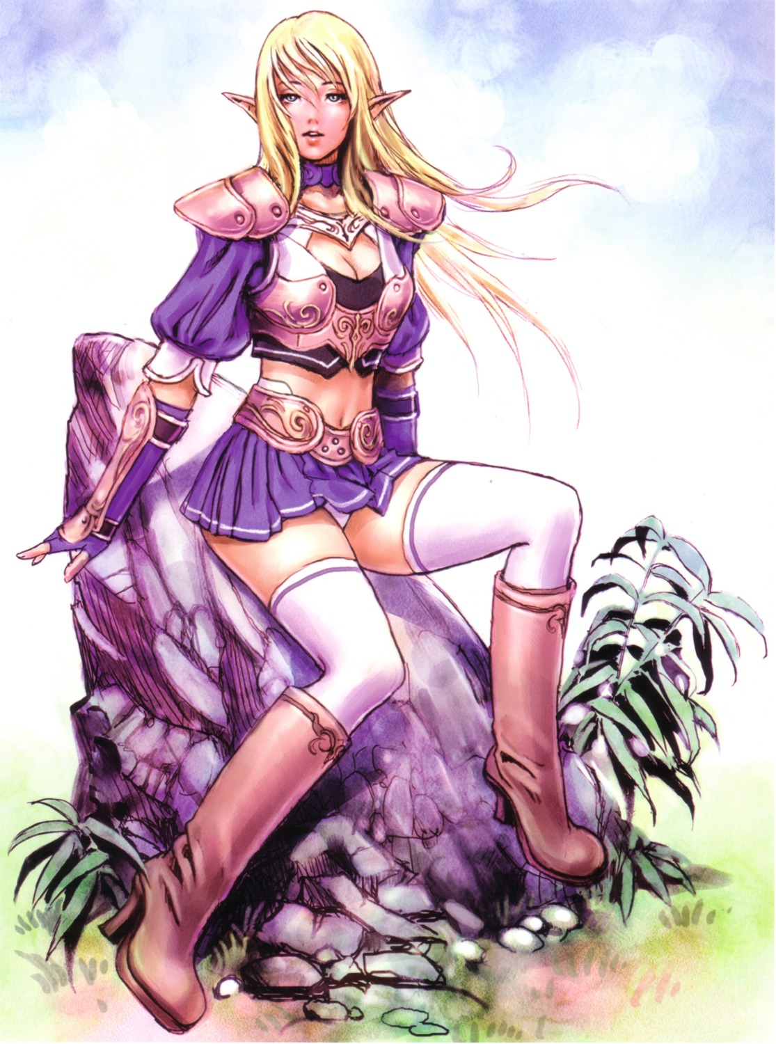 armor, cleavage, elf, infinite_fantasia, pantsu, pointy_ears, thighhighs, yamashita_shunya