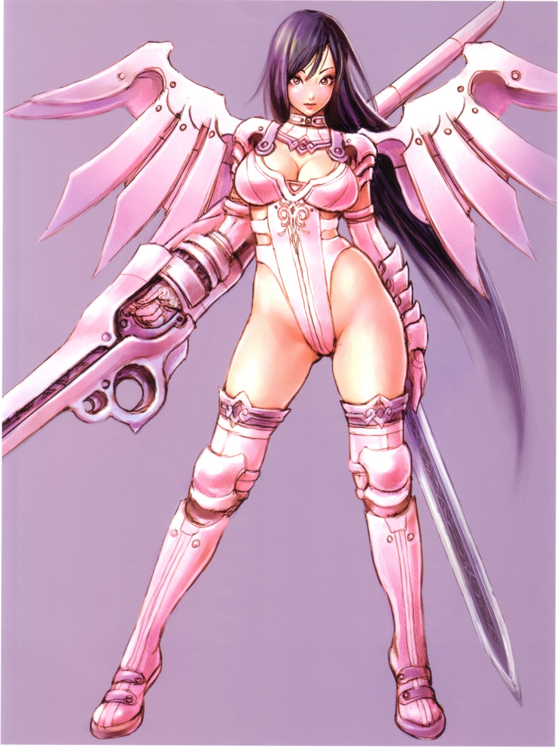 cleavage, gun, infinite_fantasia, thighhighs, wings, yamashita_shunya