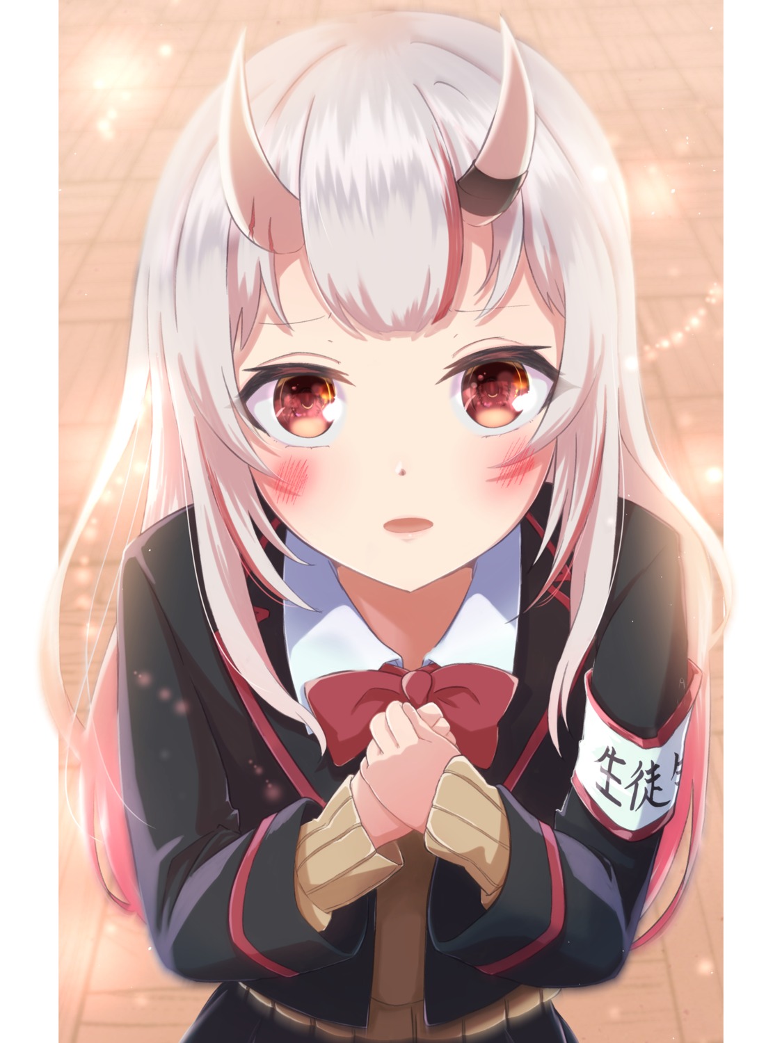 breast_hold, hilamaru, hololive, horns, nakiri_ayame, seifuku, sweater