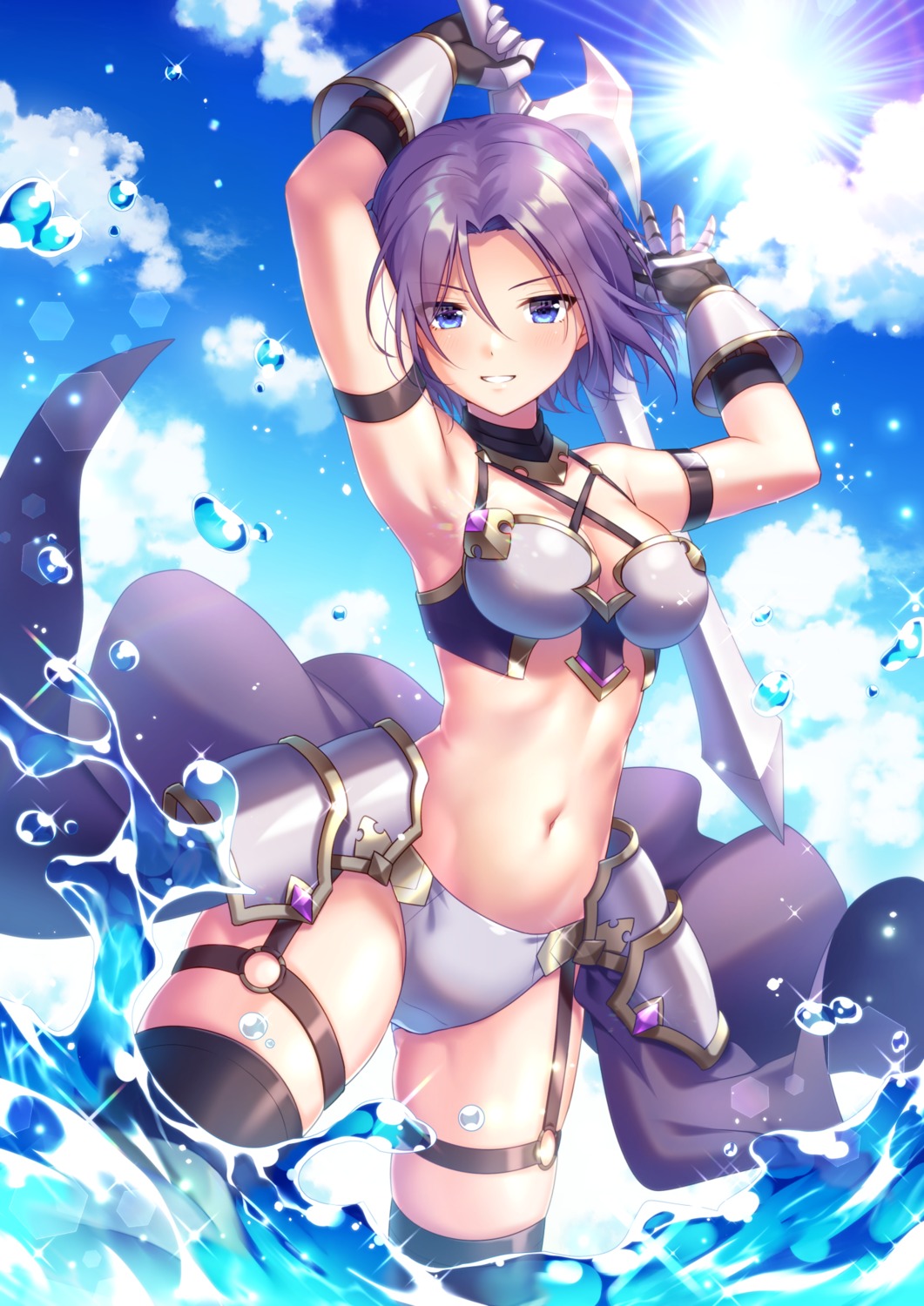 armor, bikini_armor, cleavage, garter, ichiren_namiro, princess_connect!, princess_connect!_re:dive, shirogane_jun, sword, thighhighs, weapon, wet