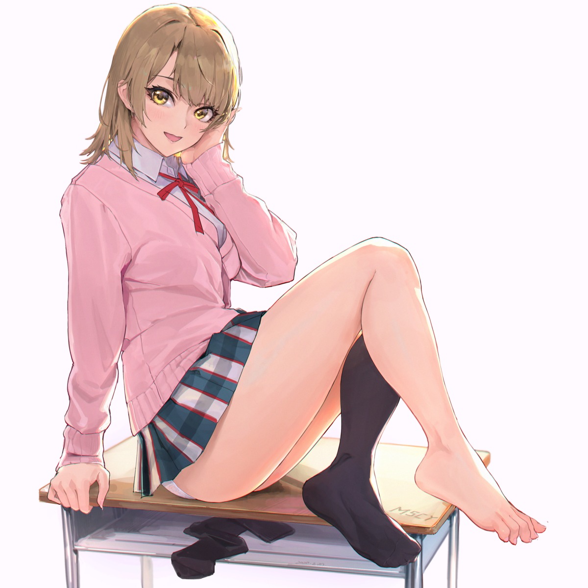 feet, isshiki_iroha, miyama_tsubaki_me, pantsu, seifuku, skirt_lift, sweater, yahari_ore_no_seishun_lovecome_wa_machigatteiru.
