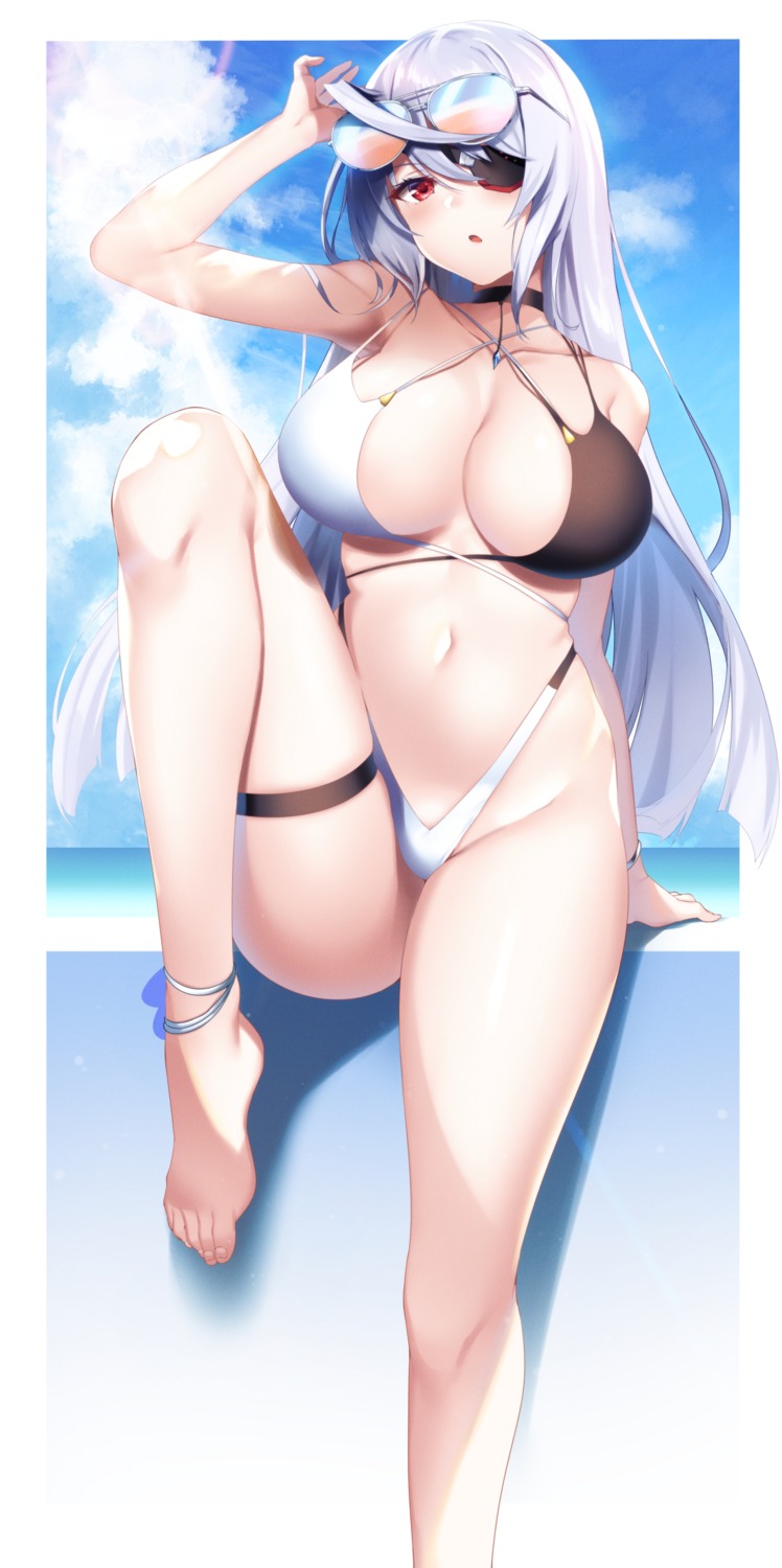 azur_lane, bikini, cleavage, cosplay, eyepatch, feet, garter, infinite_stratos, laura_bodewig, megane, raiou, swimsuits, tosa_(azur_lane)