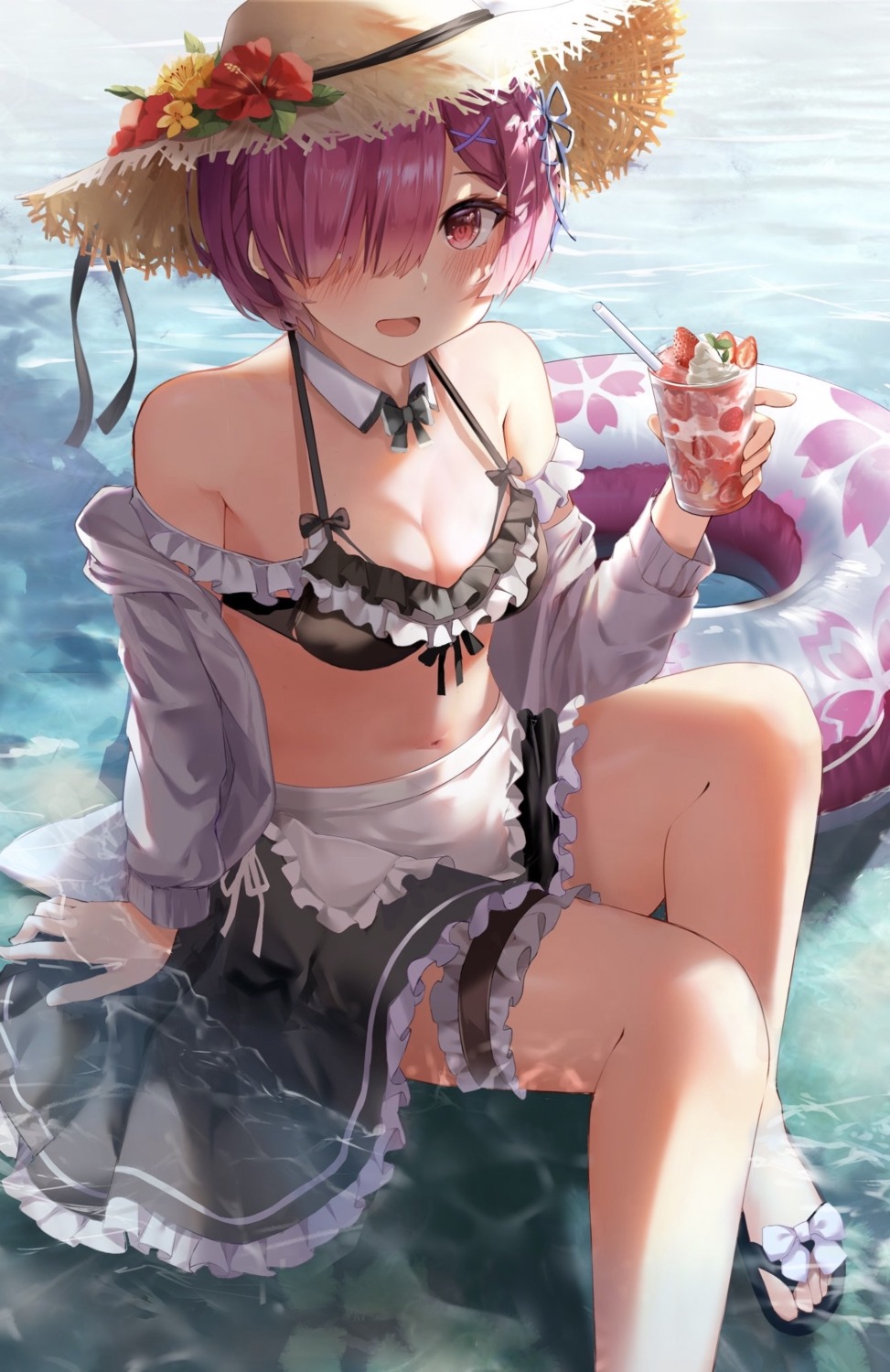 bikini_top, cleavage, garter, maid, open_shirt, ram_(re_zero), re:zero_kara_hajimeru_isekai_seikatsu, shiranui_(nisioisin_sinob)