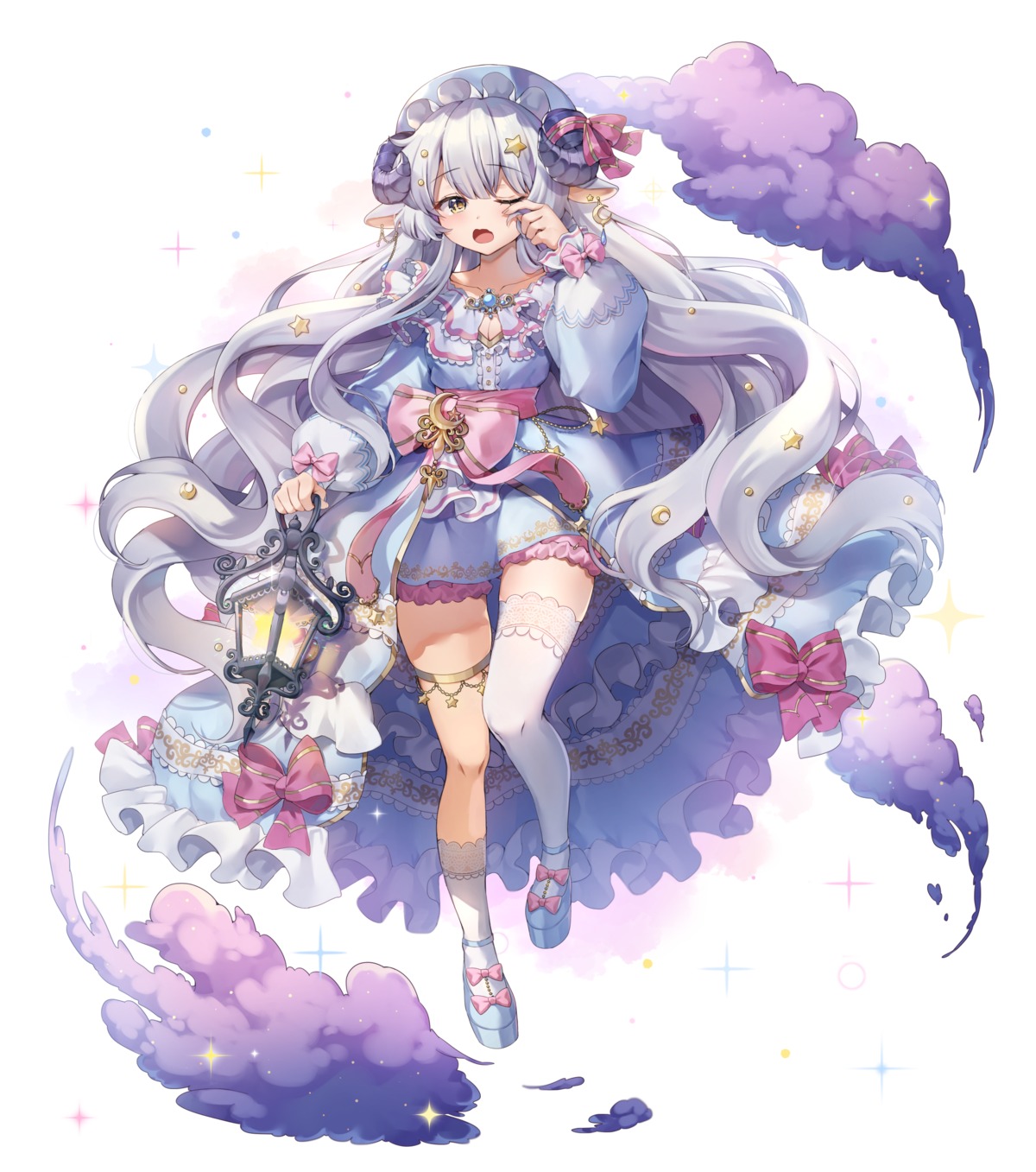 animal_ears, chyoling, cleavage, dress, garter, horns, thighhighs