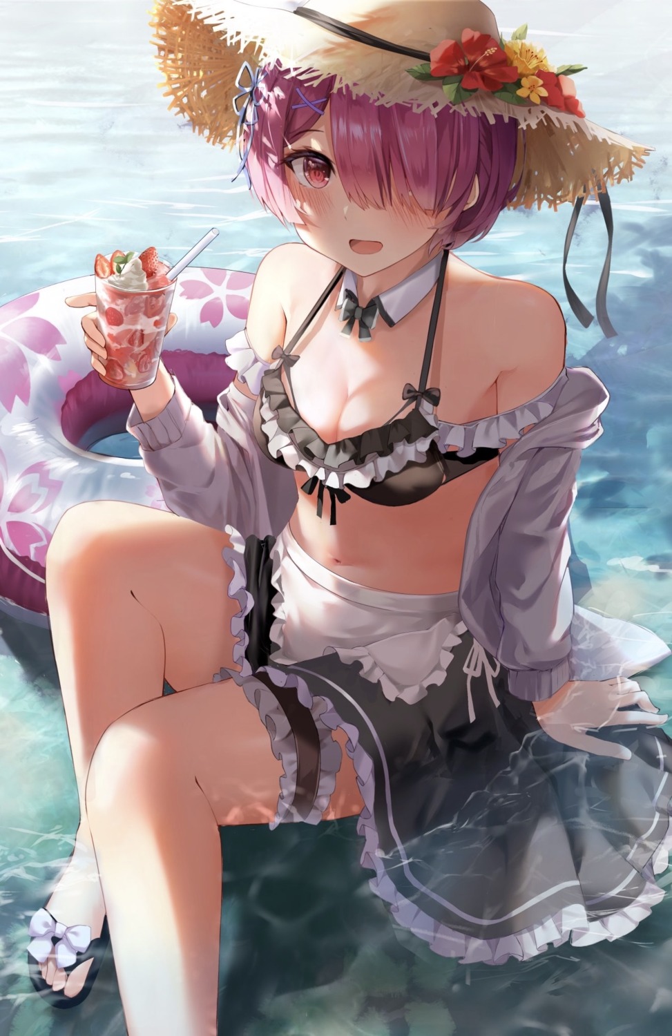 bikini_top, cleavage, garter, maid, open_shirt, ram_(re_zero), re:zero_kara_hajimeru_isekai_seikatsu, shiranui_(nisioisin_sinob), skirt_lift, swimsuits, wet, wet_clothes