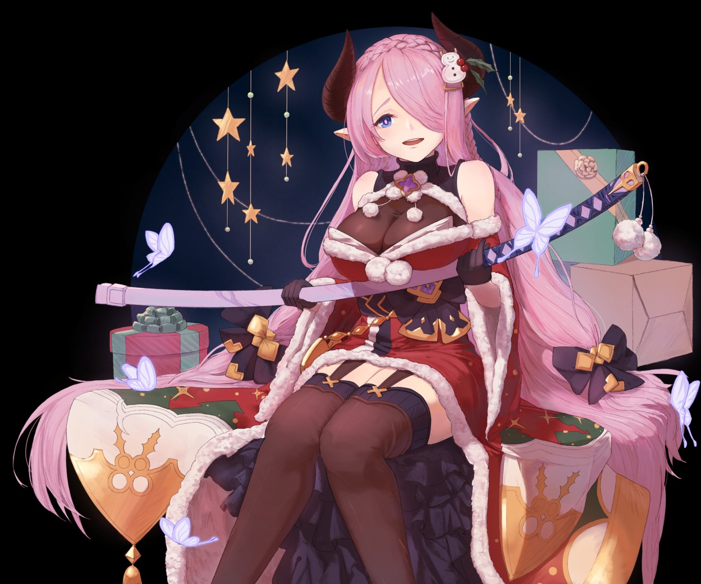 christmas, cleavage, granblue_fantasy, horns, narumeia_(granblue_fantasy), pointy_ears, saliu, see_through