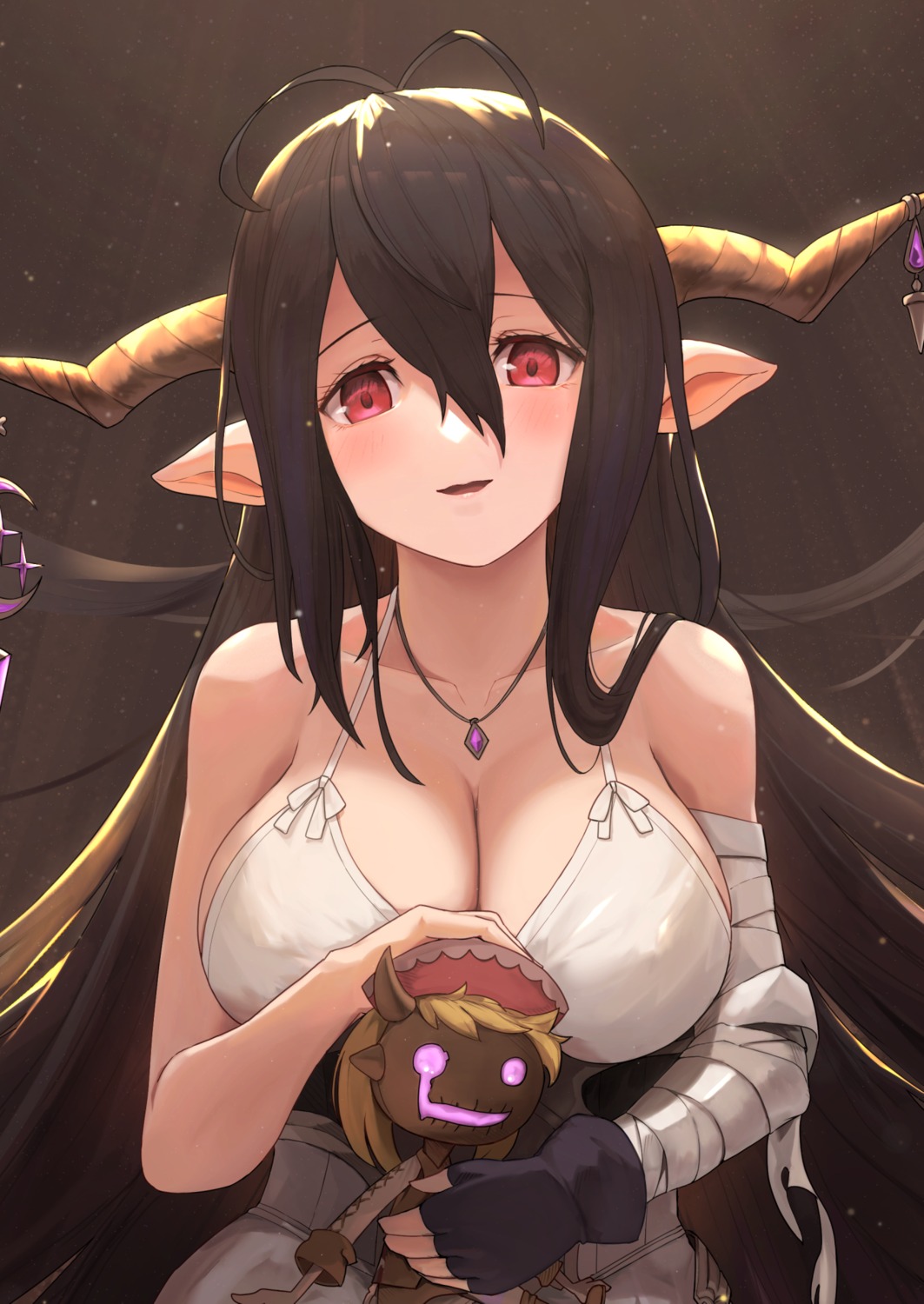 bandages, cleavage, danua, dress, granblue_fantasy, horns, no_bra, pointy_ears