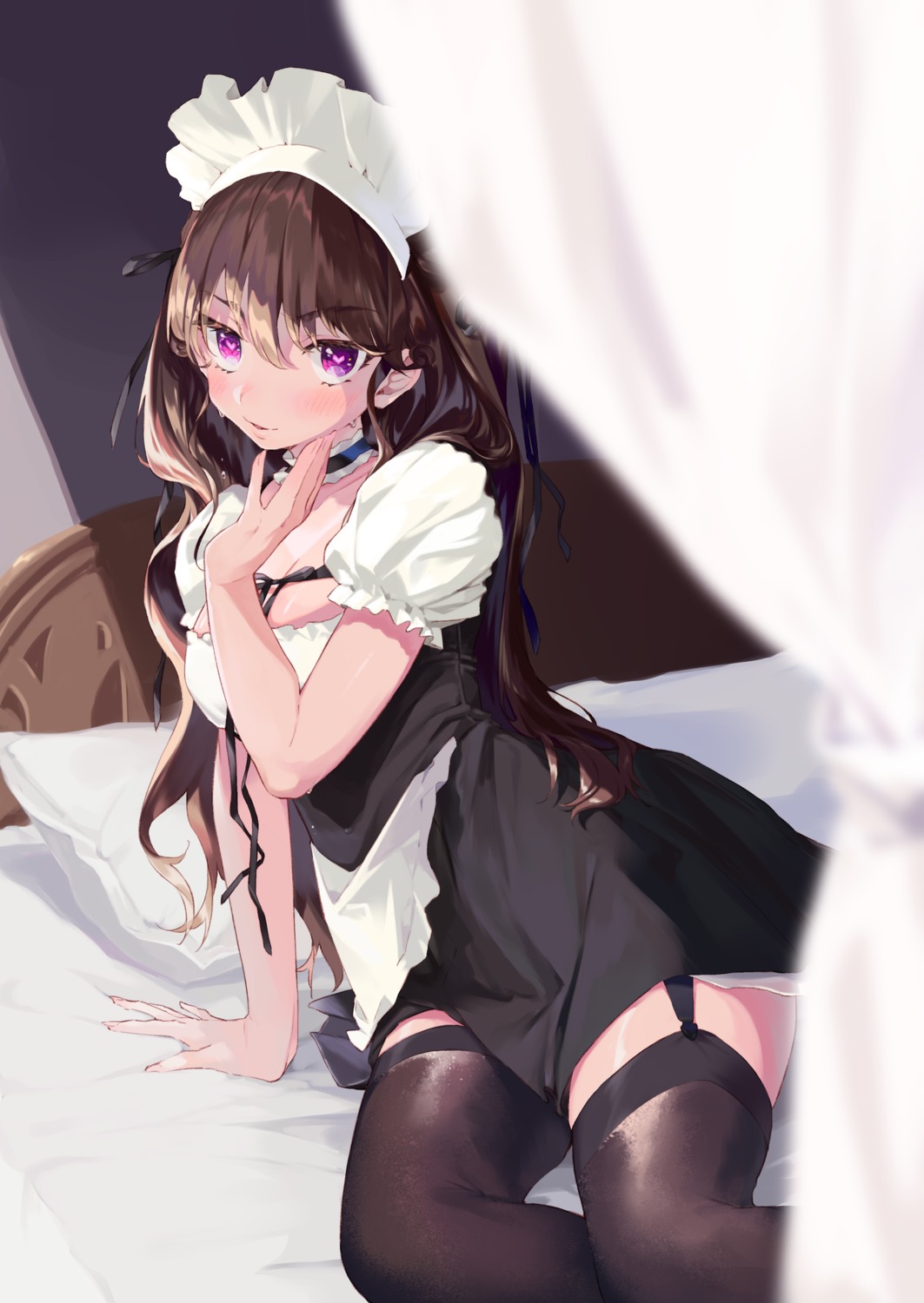 amana_(pocketkey), maid, skirt_lift, stockings, thighhighs