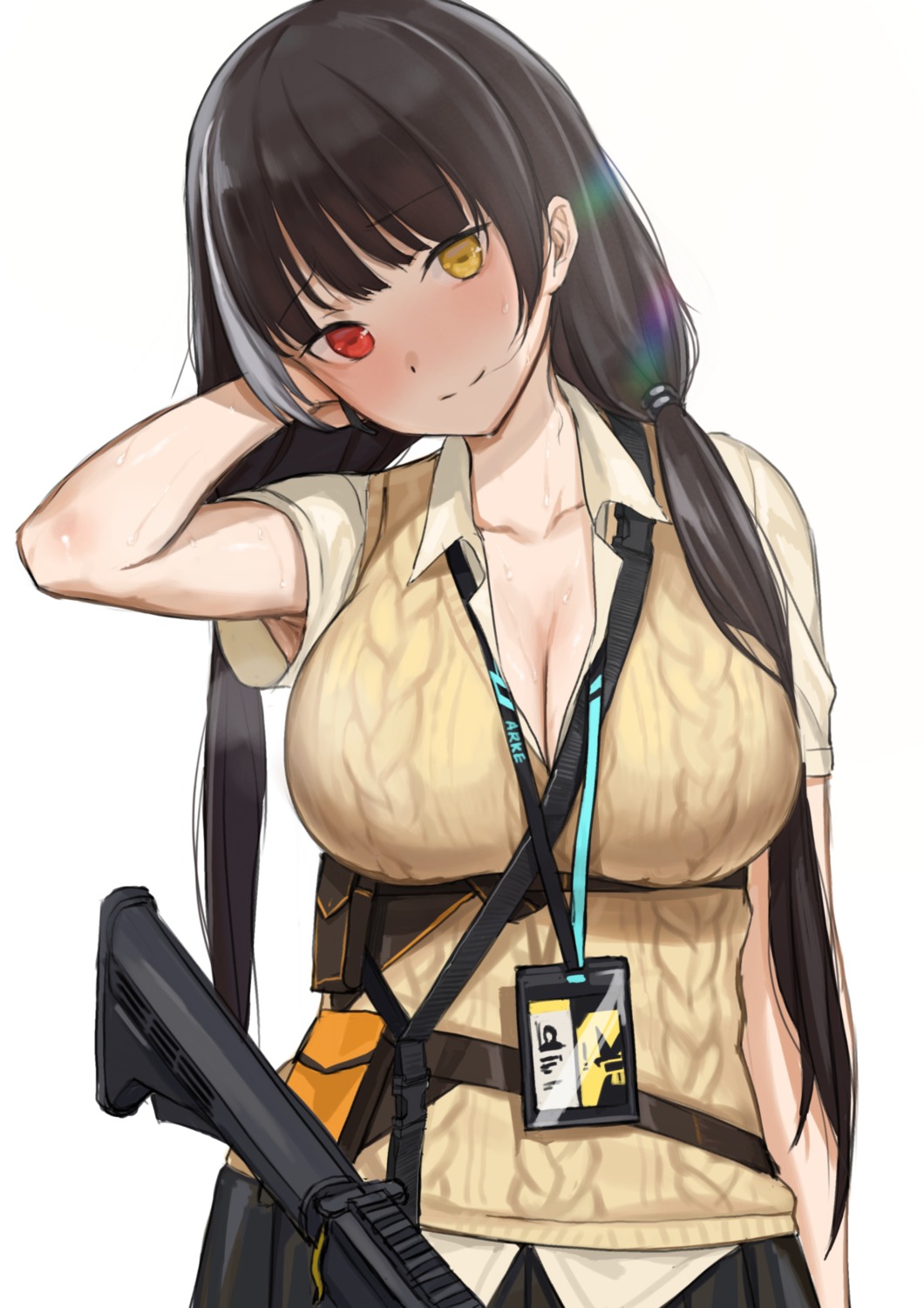 cleavage, girls_frontline, gun, heterochromia, kuro_(zhurunbo1997), open_shirt, ro635_(girls_frontline), sweater