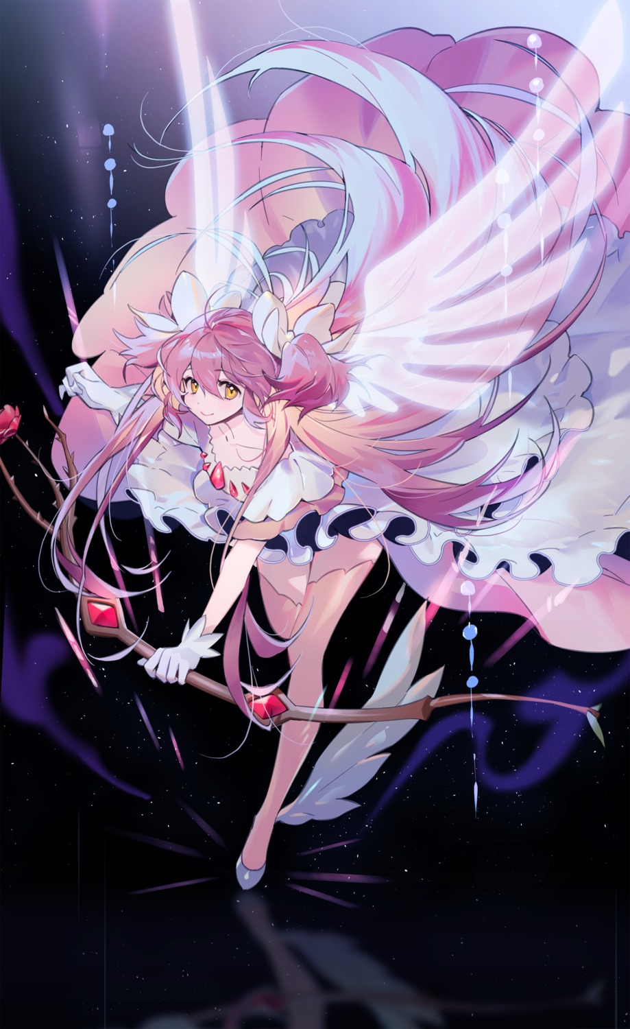 dress, kaname_madoka, mahou_shoujo_madoka_magica, seoji, skirt_lift, thighhighs, ultimate_madoka, weapon