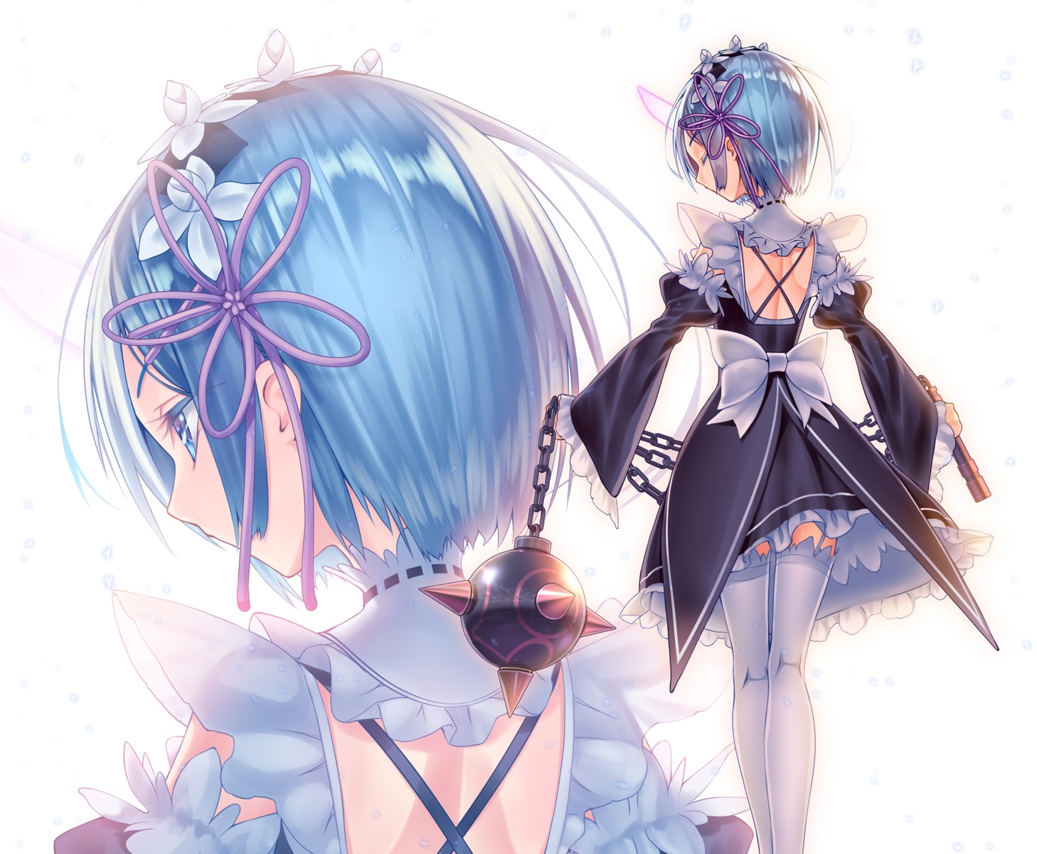 harusame_yuuki, horns, maid, re:zero_kara_hajimeru_isekai_seikatsu, rem_(re_zero), stockings, thighhighs, weapon