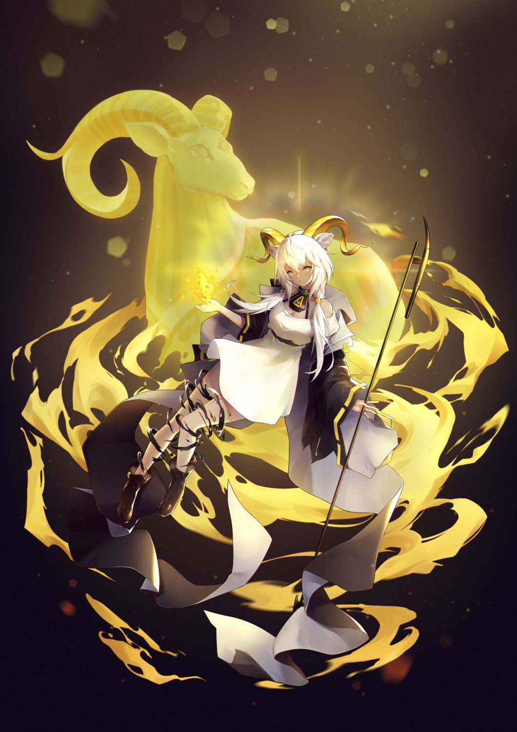 animal_ears, arknights, beeswax_(arknights), dress, horns, jiusan_naitan, skirt_lift, weapon