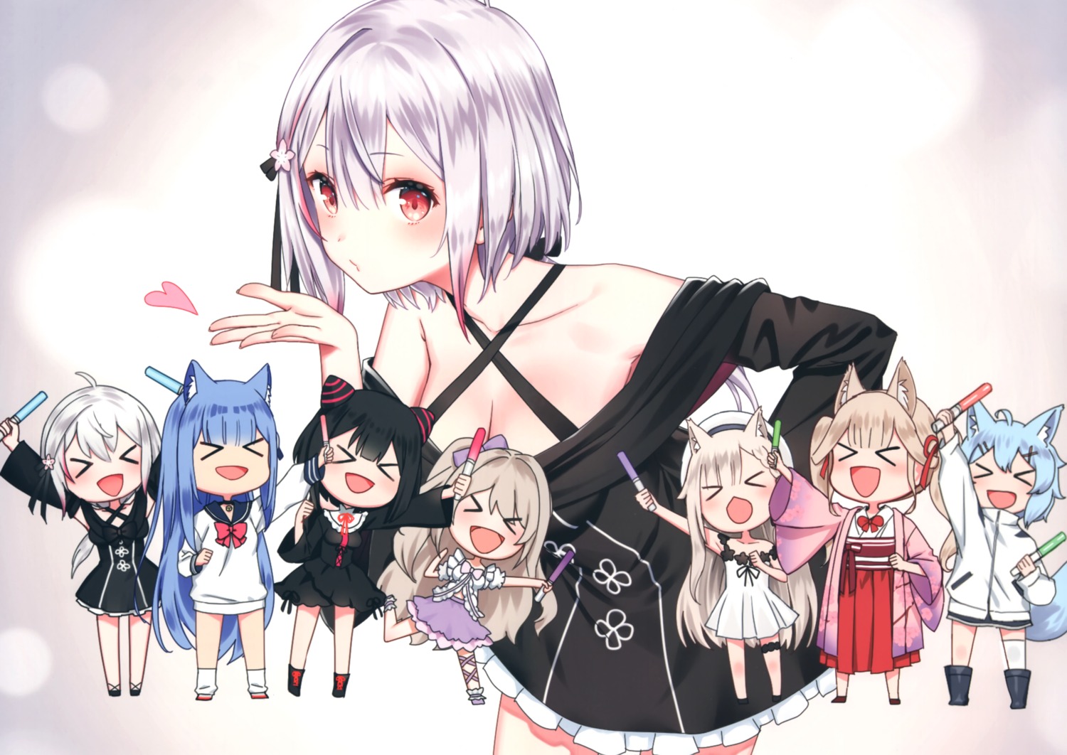 animal_ears, animare, chibi, cocomi_ch., dress, garter, hinata_cocomi, japanese_clothes, kamiki_hasami, kamiki_hasami_channel, kamikire_basami, kurokiri_aria, nanashi_inc., nekomimi, no_bra, plivyou, sakaki_tsuneko, sakuma_nemu, sakuma_nemu_(channel), seifuku, shikai_yue, shikai_yue_ch., shiromiya_mimi, tail, thighhighs, yasuyuki
