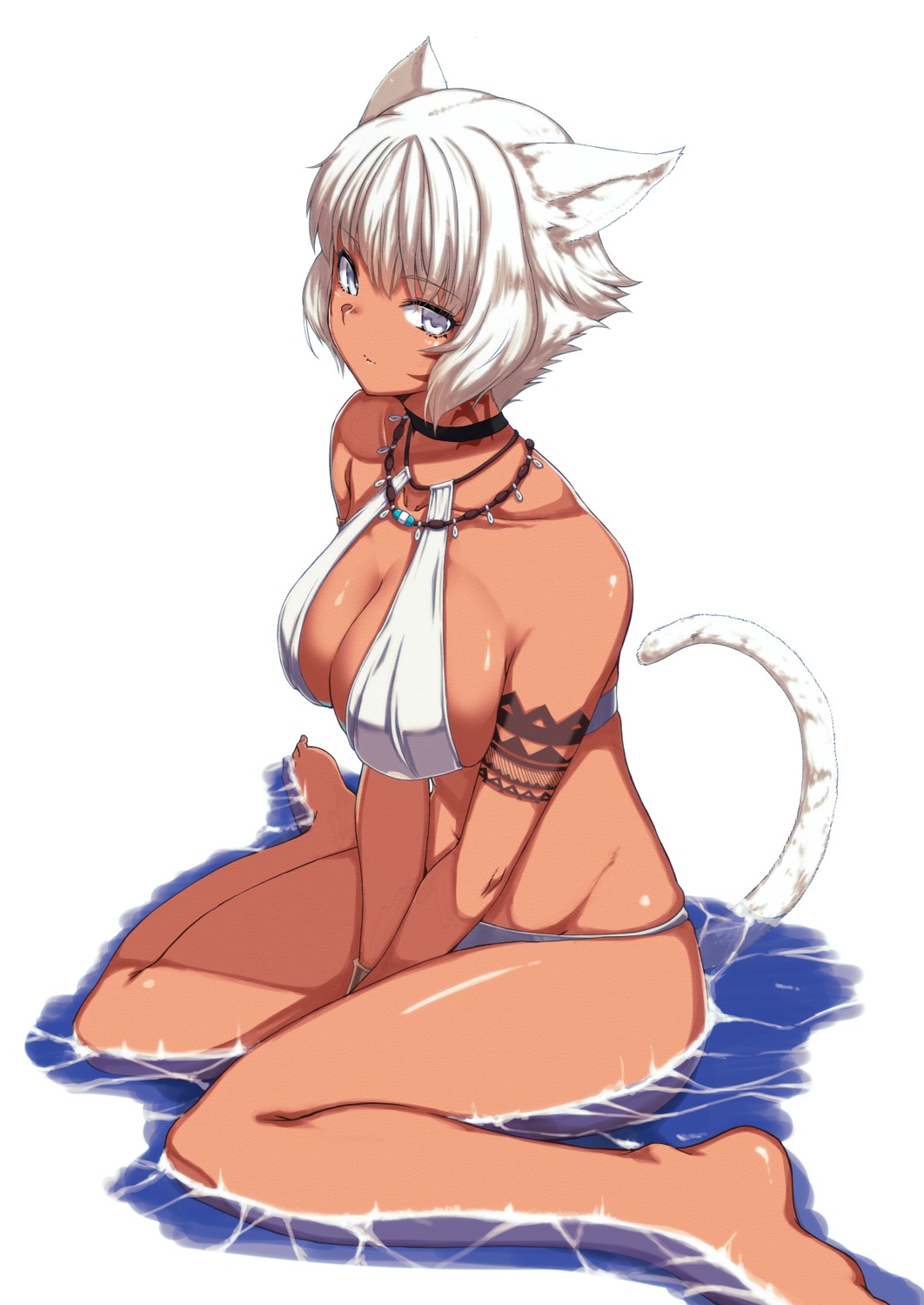 animal_ears, bikini, cleavage, final_fantasy, final_fantasy_xiv, kaname_nagi, miqo'te, swimsuits, tail, wet, y'shtola
