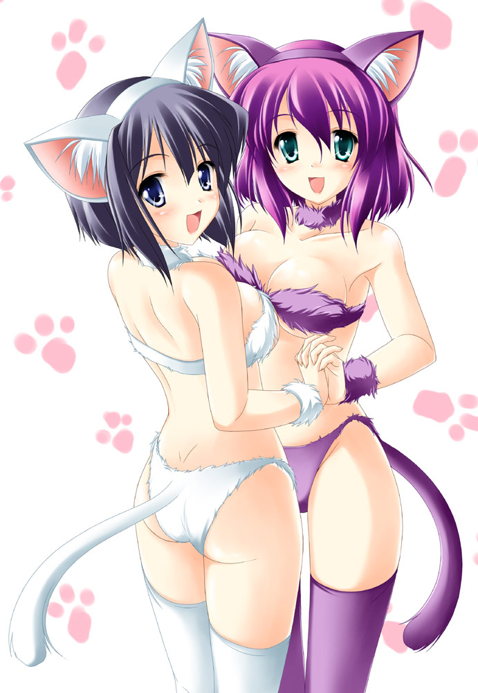 animal_ears, bra, cleavage, henrietta_de_tristain, kamiya_tomoe, nekomimi, pantsu, siesta, tail, thighhighs, zero_no_tsukaima