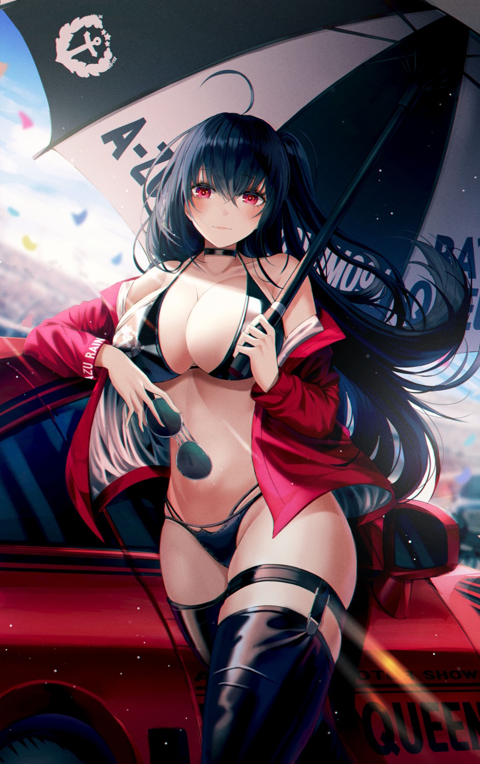 azur_lane, bikini, garter, hyangu, open_shirt, stockings, swimsuits, taihou_(azur_lane), thighhighs, umbrella