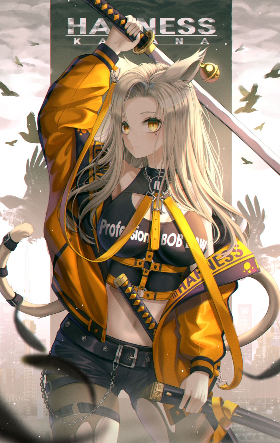 animal_ears, garter, hyangu, pantyhose, sword, tail, torn_clothes