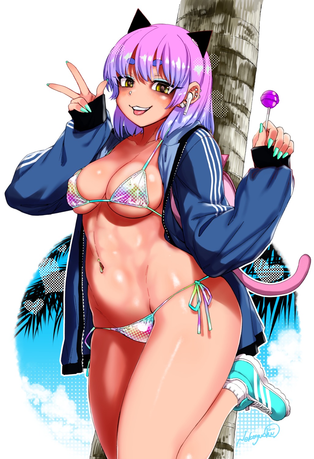 animal_ears, bikini, nekoguchi, nekomimi, open_shirt, swimsuits, tail