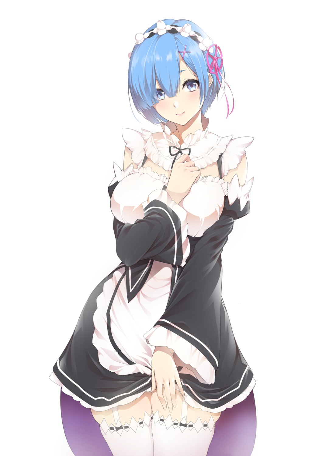 breast_hold, maid, re:zero_kara_hajimeru_isekai_seikatsu, rem_(re_zero), skirt_lift, stockings, thighhighs, zucchini