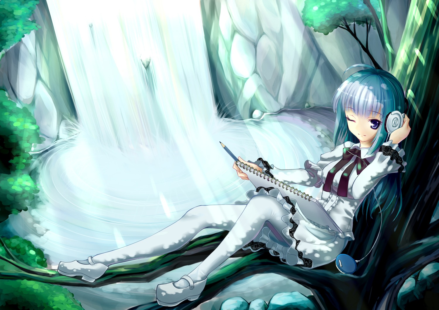gothic_lolita, headphones, lolita_fashion, pantyhose, silver_sirius, skirt_lift
