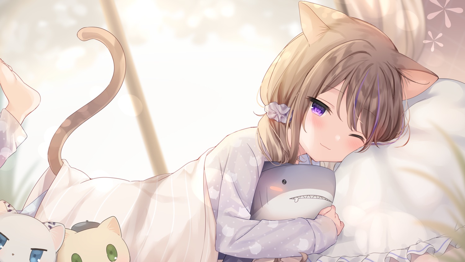 animal_ears, leo, mafuyu_(chibi21), neko, nekomimi, pajama, sheets, tail