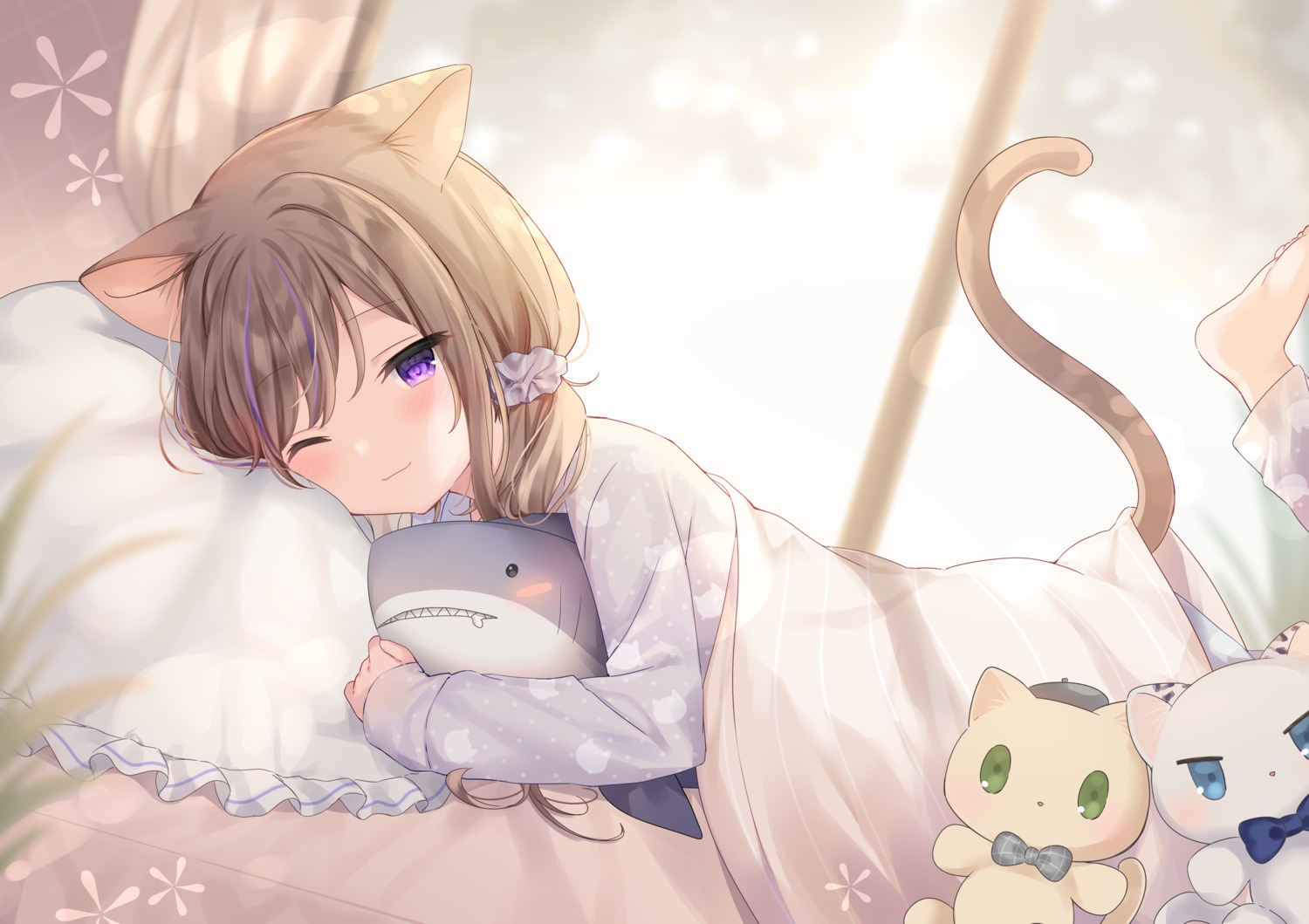 animal_ears, leo, mafuyu_(chibi21), neko, nekomimi, pajama, sheets, tail