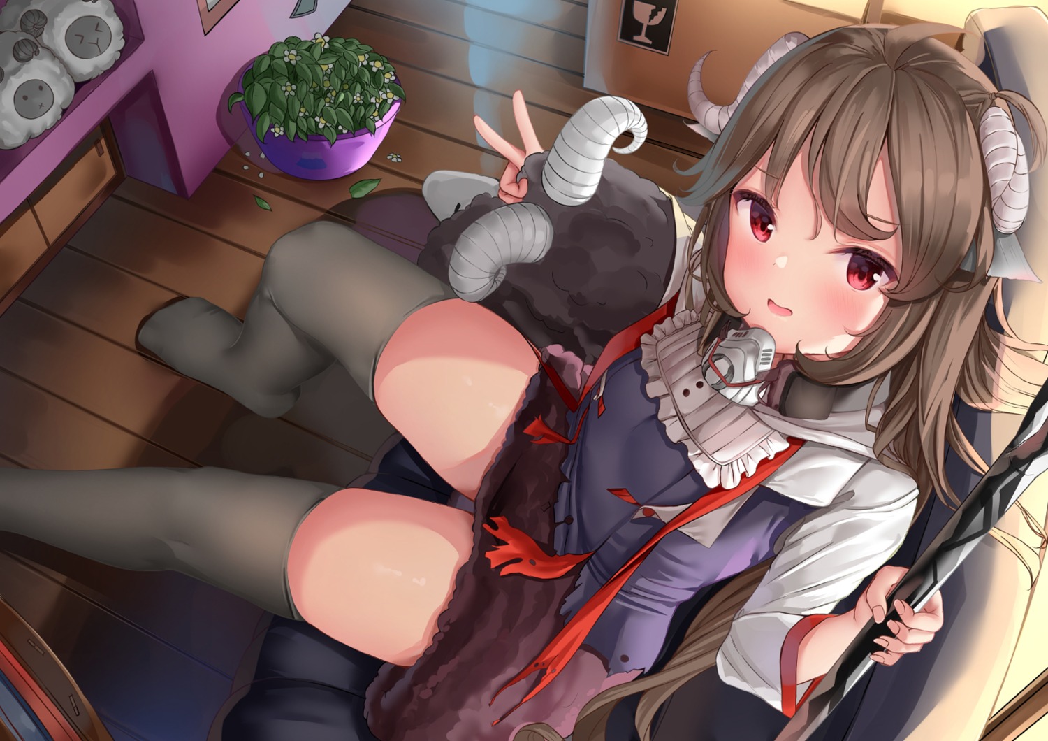 animal_ears, arknights, bachibachi_(tisen), dress, eyjafjalla_(arknights), horns, skirt_lift, thighhighs, weapon