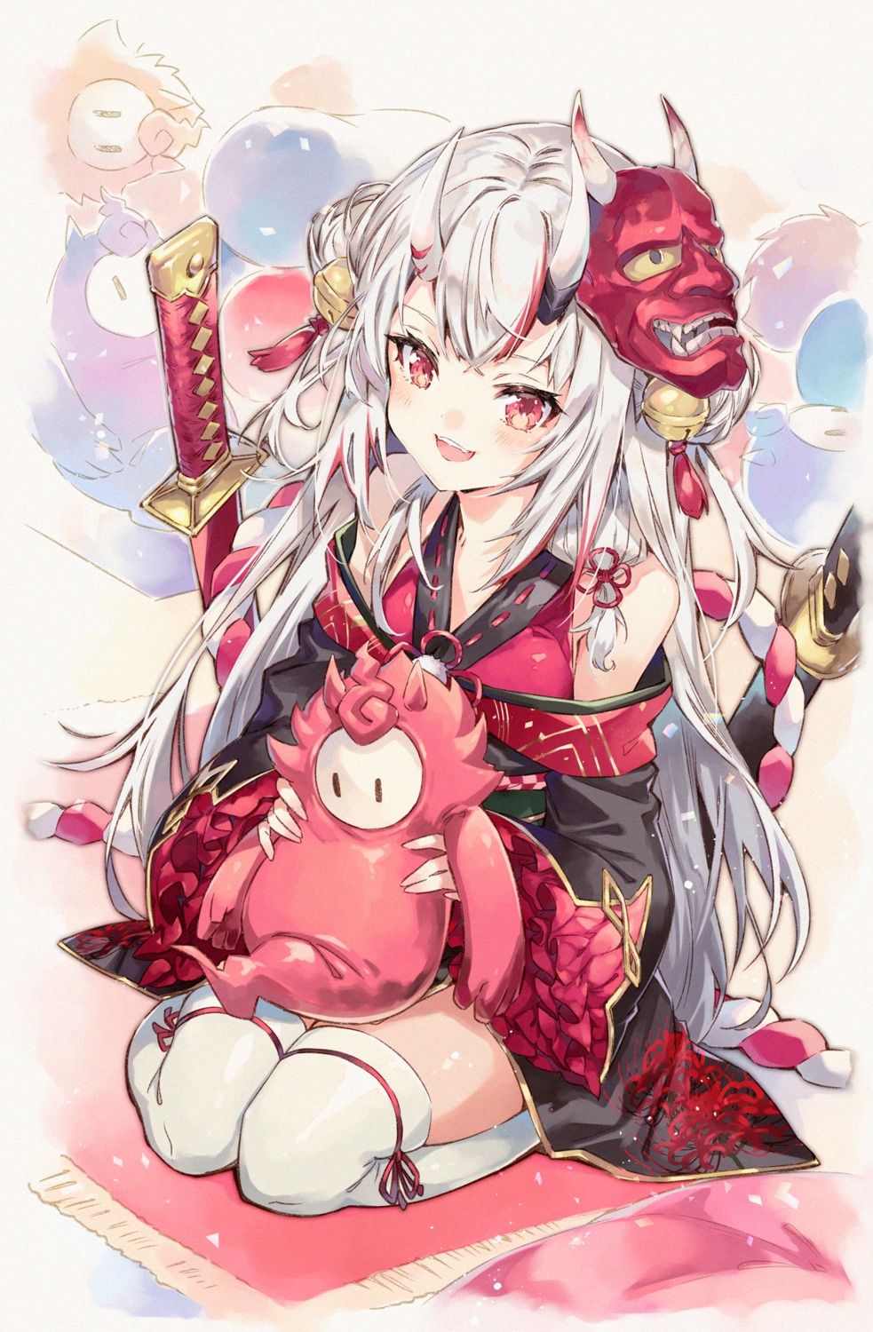 hololive, horns, japanese_clothes, mito_itsuki, nakiri_ayame, sword, thighhighs