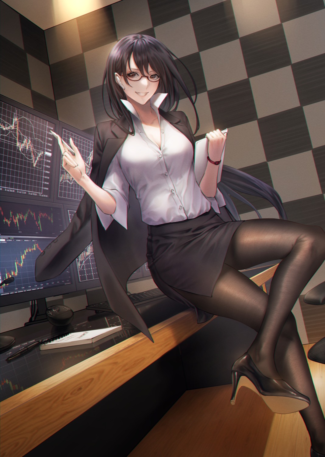 business_suit, cleavage, heels, megane, mugetsu, open_shirt, pantyhose, skirt_lift
