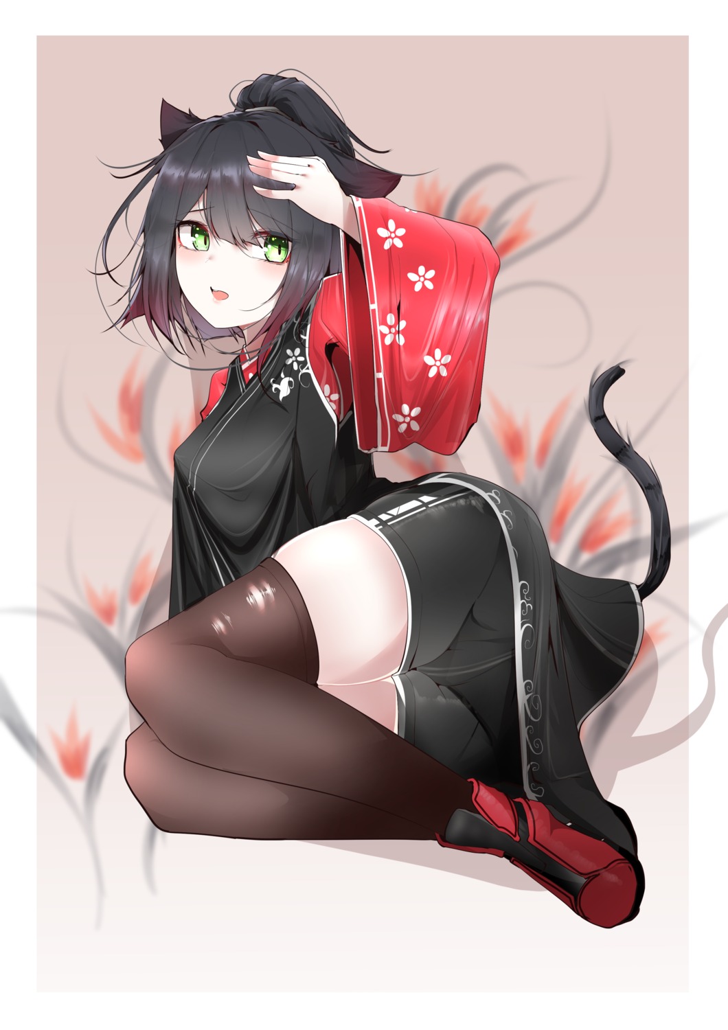 animal_ears, arknights, bike_shorts, erect_nipples, japanese_clothes, jessica_(arknights), nekomimi, samip