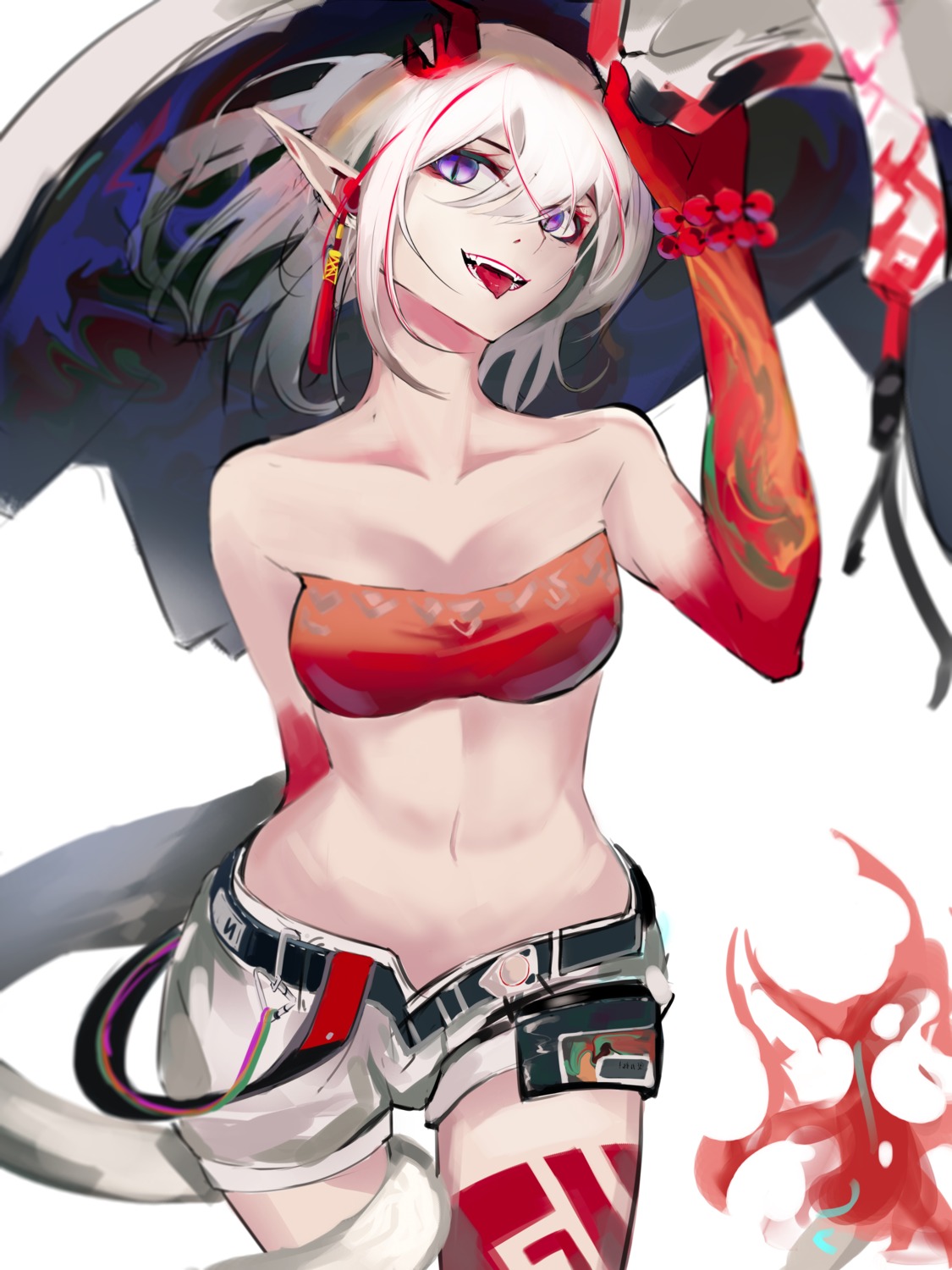 arknights, bra, horns, mackia, nian_(arknights), pointy_ears, tail, tattoo