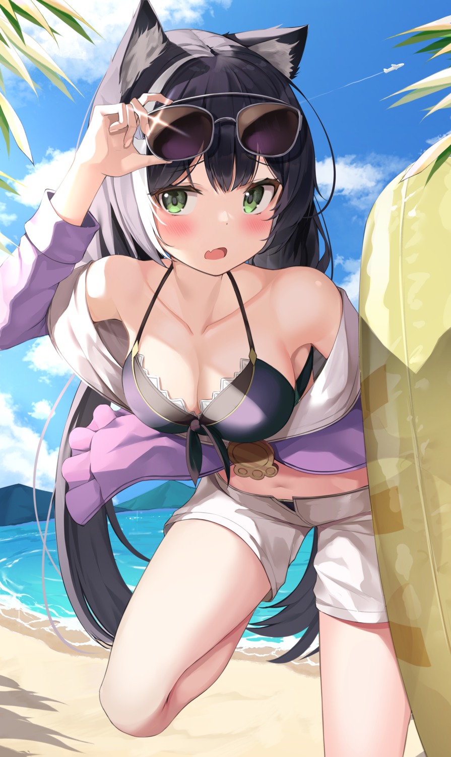 animal_ears, apple_ringo, bikini, cleavage, karyl_(princess_connect), nekomimi, open_shirt, princess_connect!, princess_connect!_re:dive, swimsuits