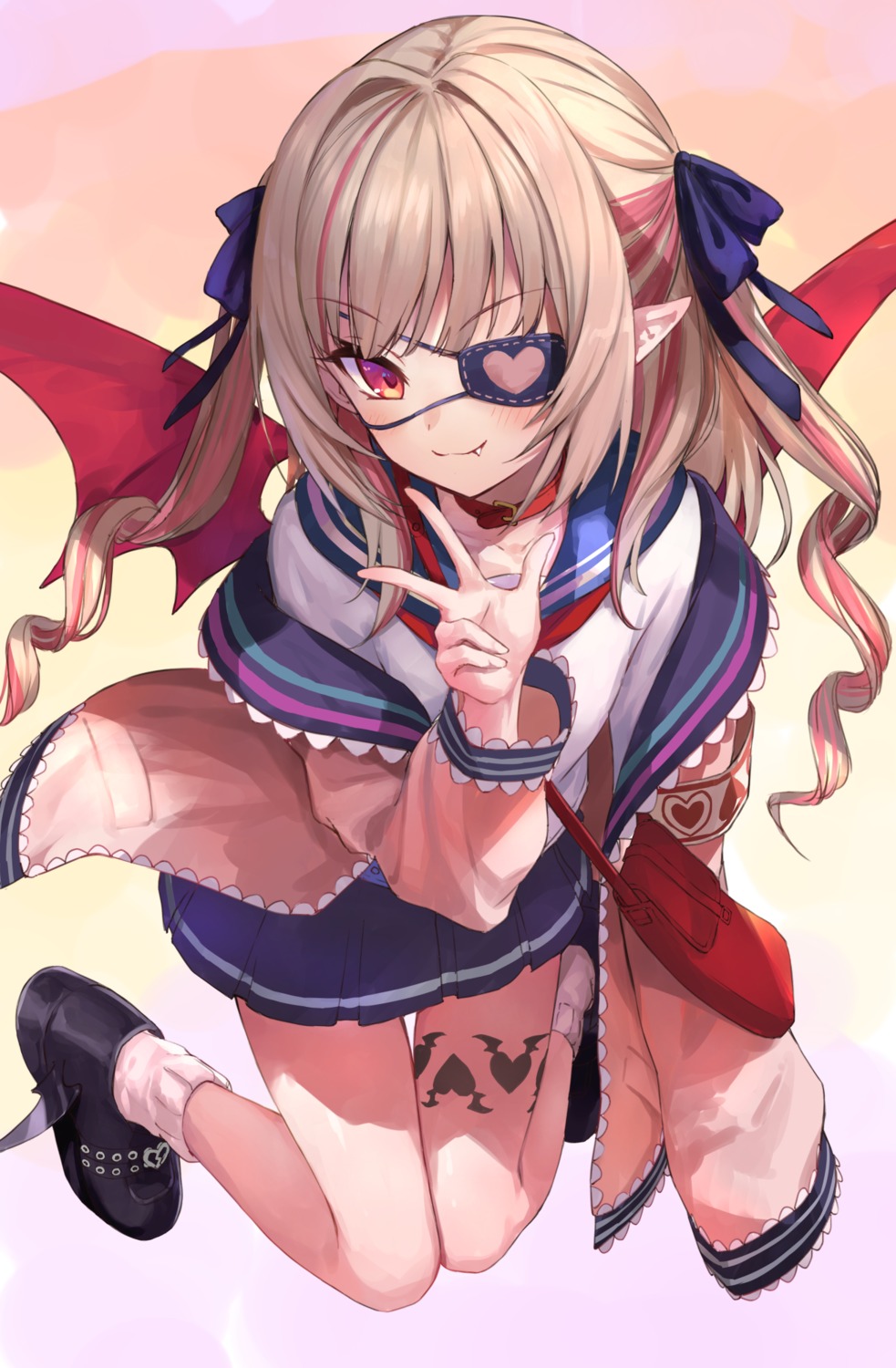 eyepatch, kakutasu, makaino_ririmu, nijisanji, nijisanji_gamers, pointy_ears, seifuku, tattoo