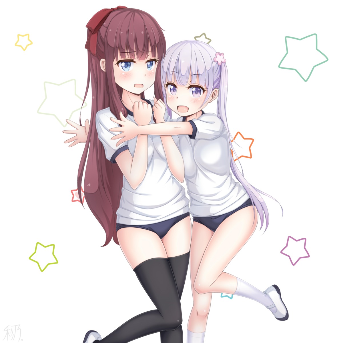 buruma, gym_uniform, hikarisaino, new_game!, suzukaze_aoba, takimoto_hifumi, thighhighs, yuri