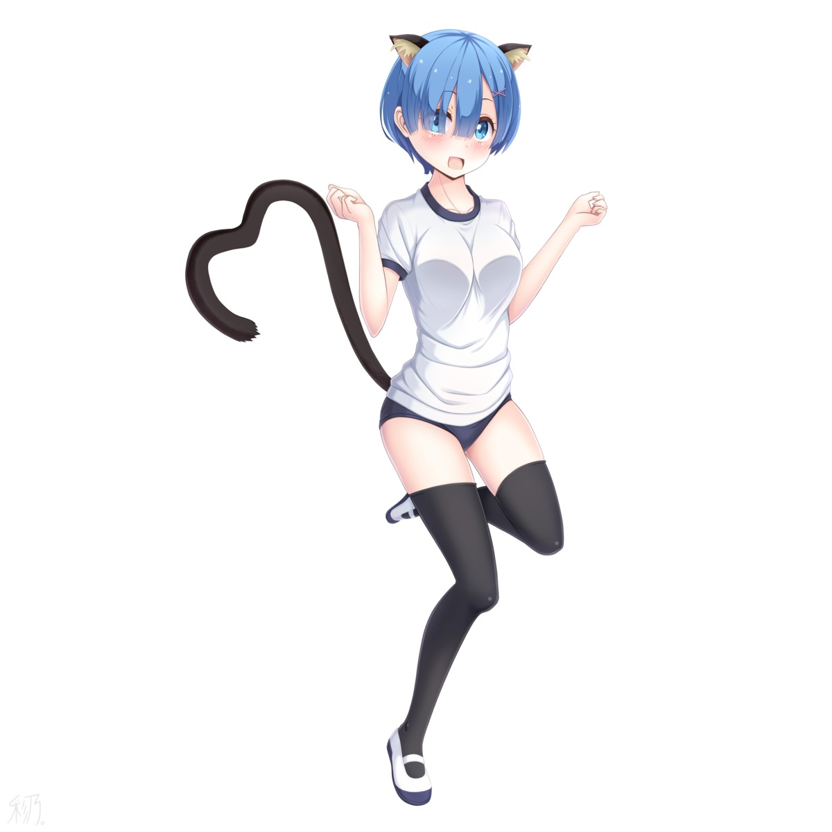 animal_ears, buruma, gym_uniform, hikarisaino, nekomimi, re:zero_kara_hajimeru_isekai_seikatsu, rem_(re_zero), tail, thighhighs