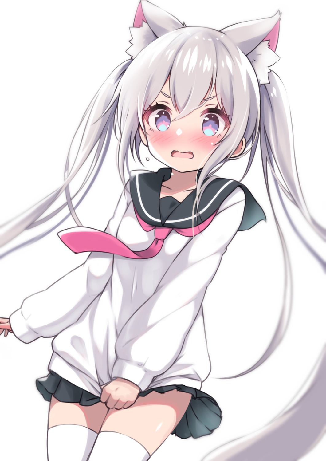 animal_ears, nekomimi, seifuku, siragagaga, skirt_lift, sweater, thighhighs