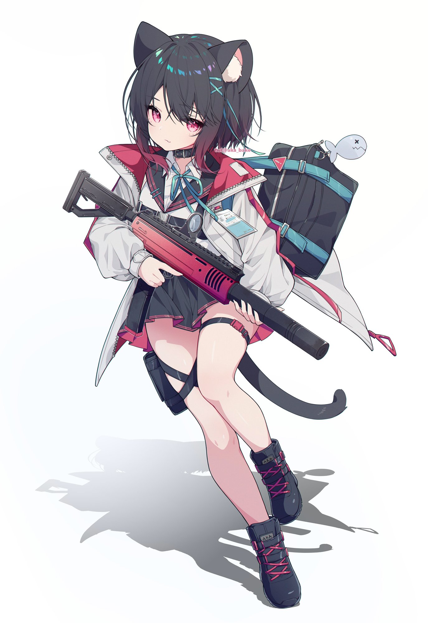animal_ears, fukurou_(hvgd5584), garter, gun, nekomimi, seifuku, tail