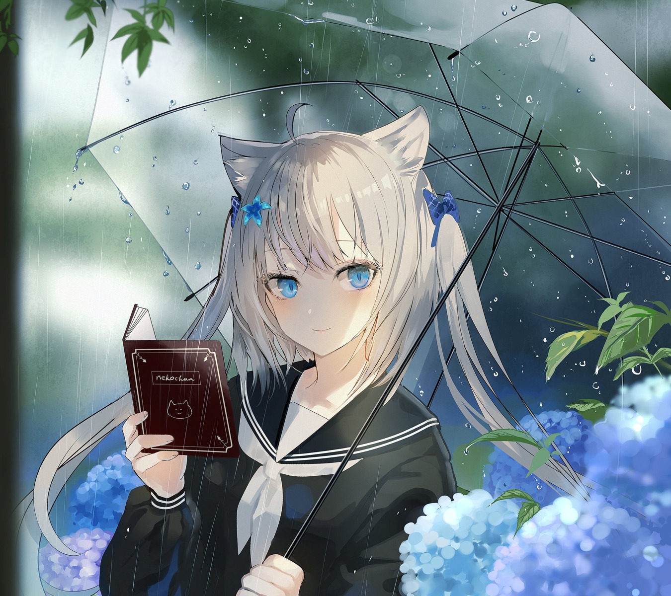 animal_ears, cem, nekomimi, seifuku, umbrella, wet