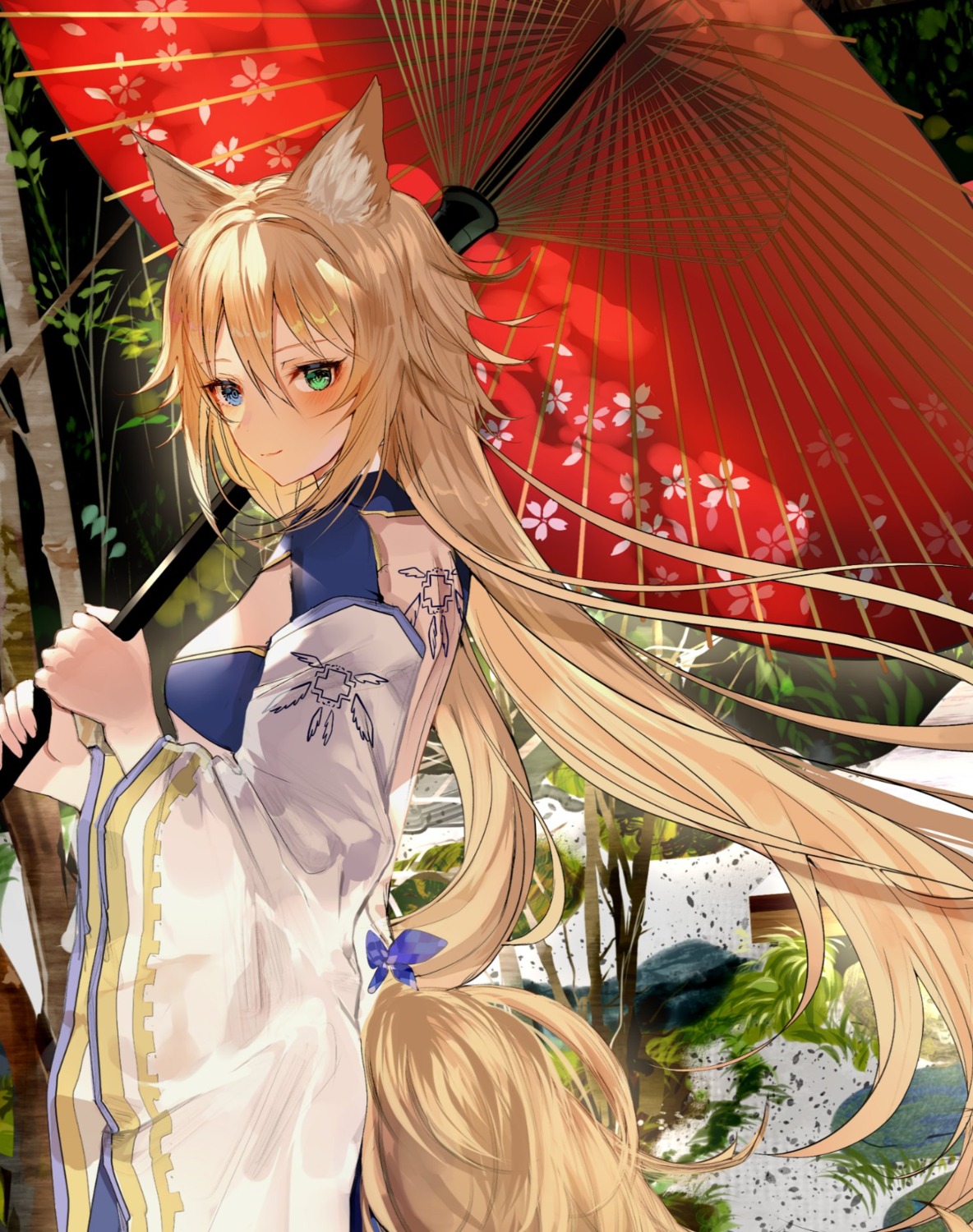 animal_ears, cem, heterochromia, japanese_clothes, kitsune, tail, tattoo, umbrella