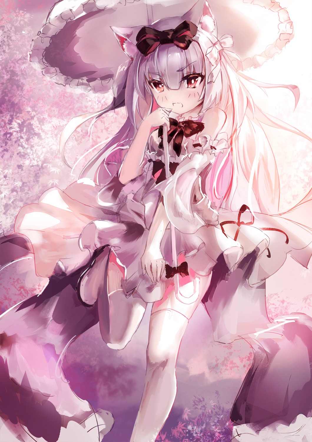 animal_ears, azur_lane, byakuya_koushaku, sketch, skirt_lift, thighhighs, umbrella, yukikaze_(azur_lane)