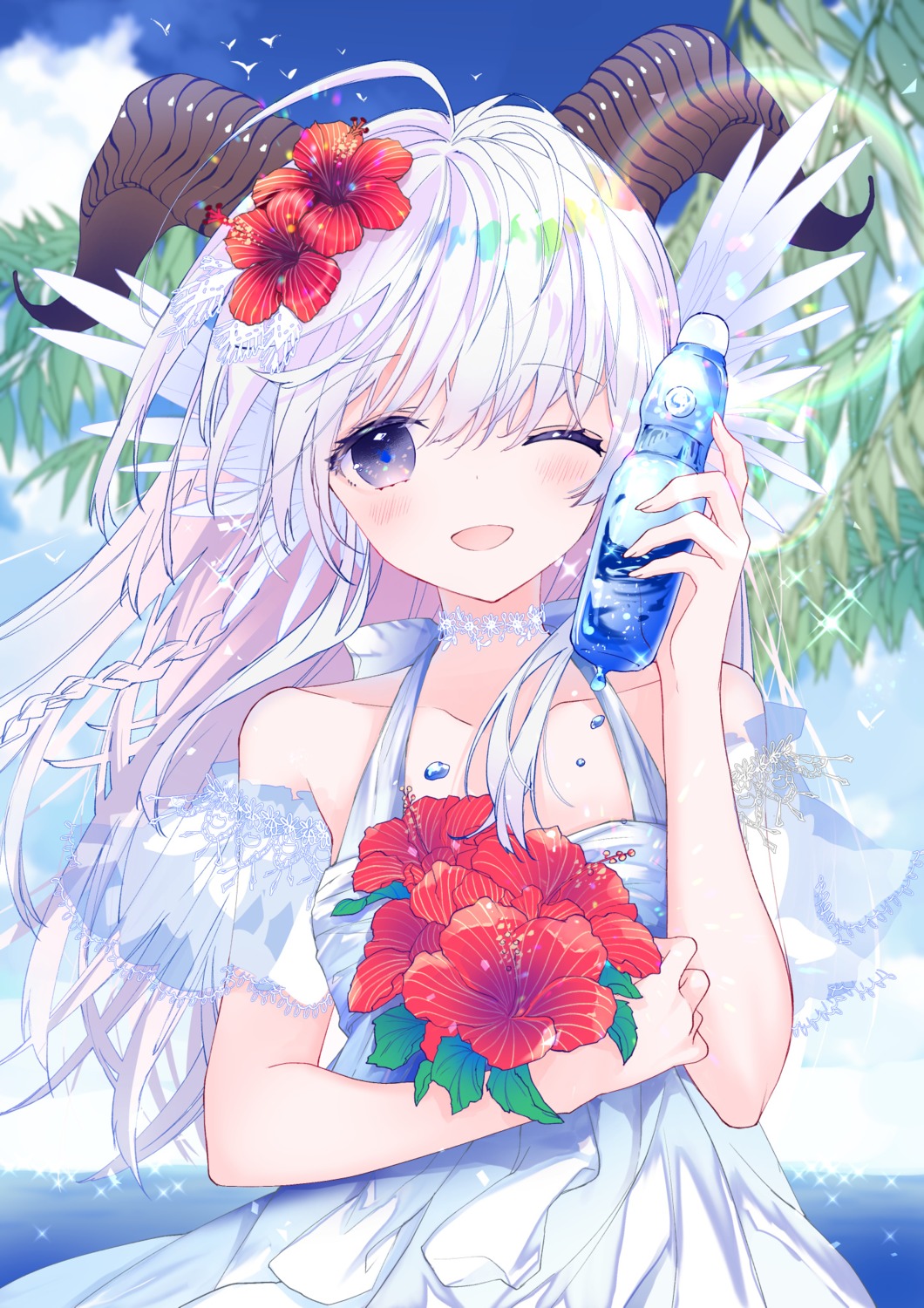 breast_hold, dress, horns, konataeru, summer_dress