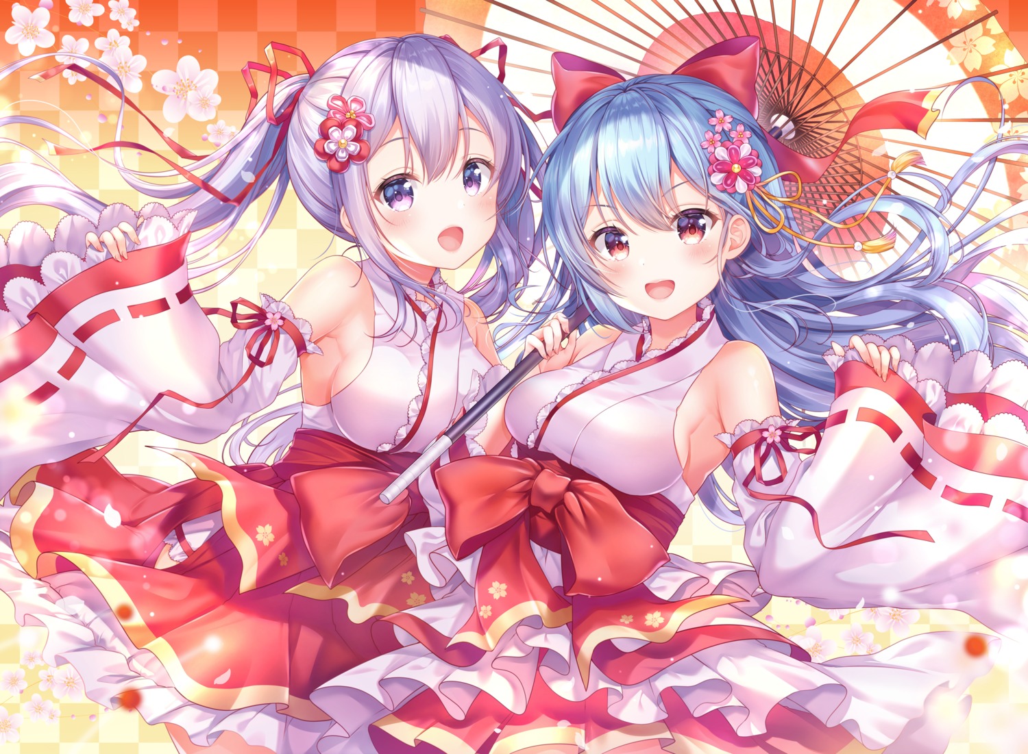 aoba_chise, aoba_project, aoba_rena, miko, no_bra, sakura_moyon, skirt_lift, umbrella