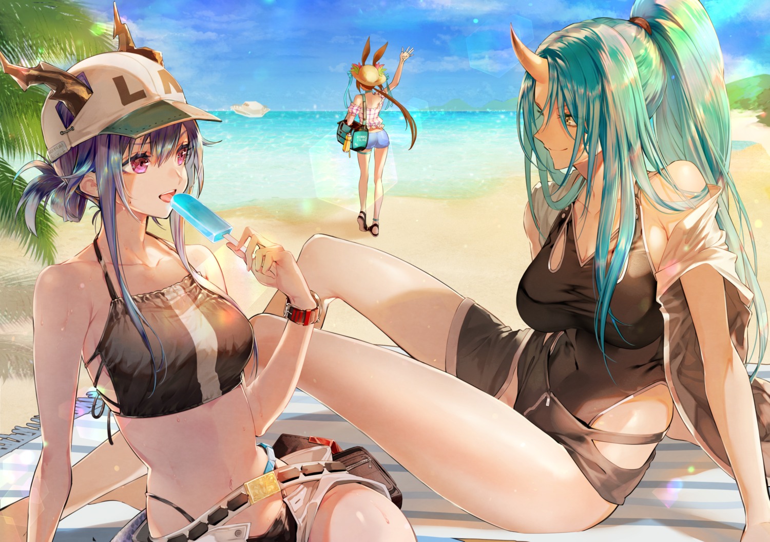 amiya_(arknights), animal_ears, arknights, ass, bikini, bunny_ears, ch'en_(arknights), horns, hoshiguma_(arknights), sanbabasanba, swimsuits