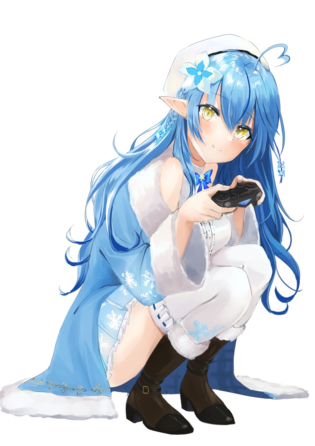 amaimomo, elf, heels, hololive, pointy_ears, skirt_lift, thighhighs, yukihana_lamy