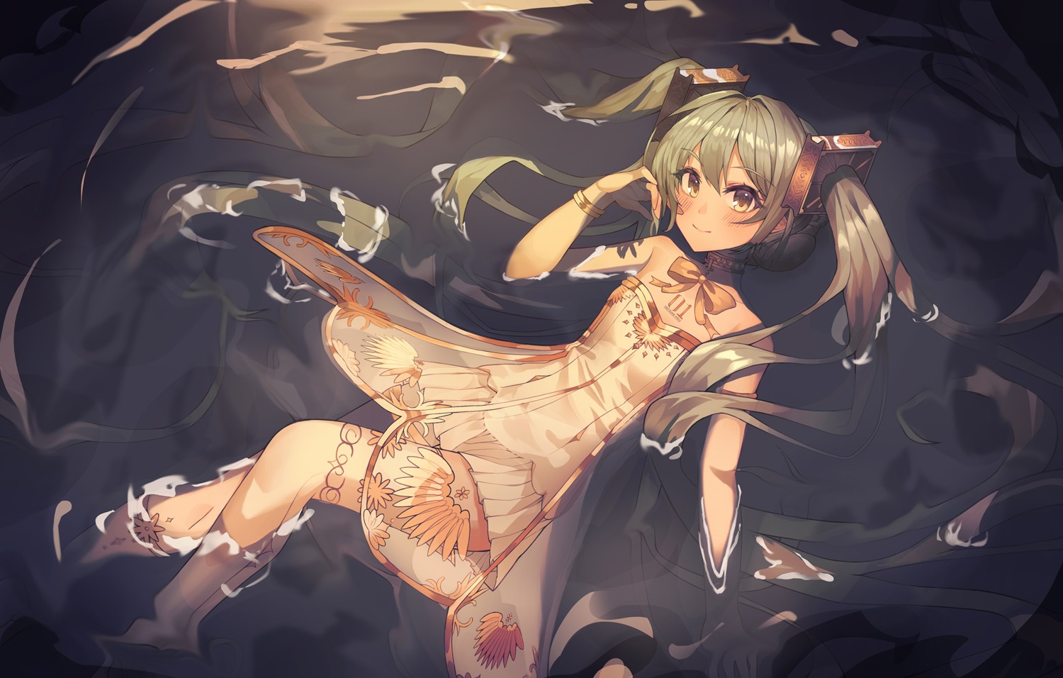 dress, gramophone_miku, hatsune_miku, hatsune_miku_symphony, see_through, seemu_(wnslqjdignv_), tattoo, vocaloid