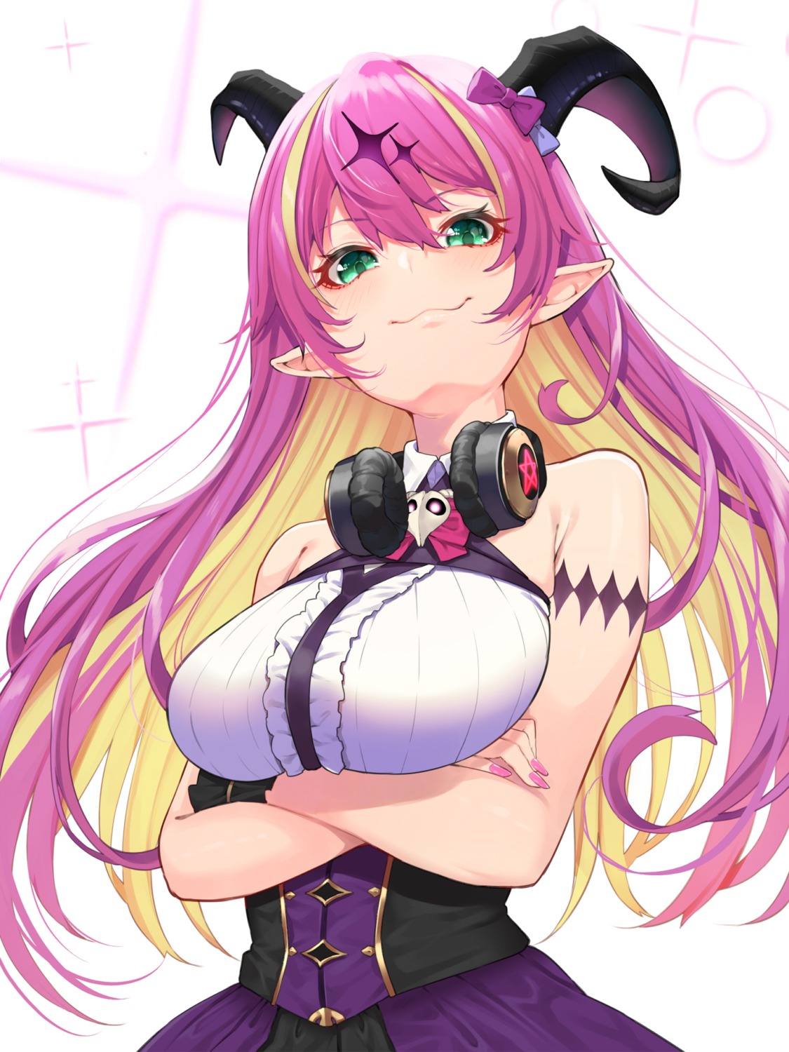 breast_hold, headphones, hololive, horns, mano_aloe, nekomanma_(chipstar182), pointy_ears