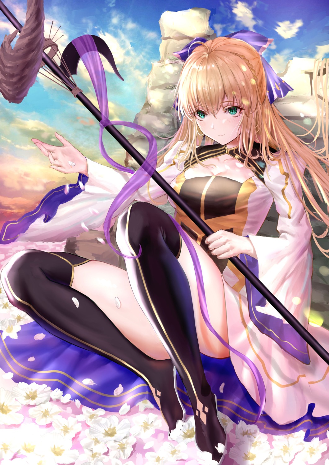 a-by, artoria_caster_(fate), cleavage, dress, fate/grand_order, skirt_lift, thighhighs, weapon